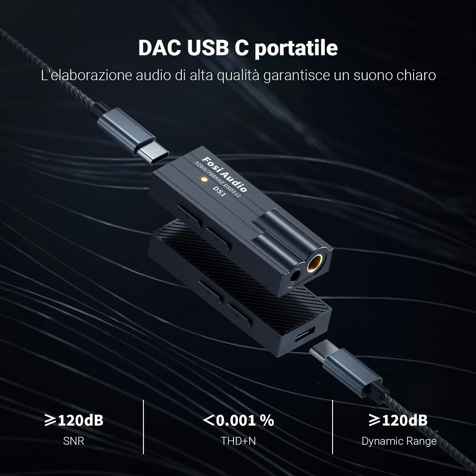 Fosi Audio DS1 DAC Amplificatore Cuffie USB C Hi-Res 32bit/768kHz Uscite Doppie 4,4/3,5mm 16-300Ω Portatile ESS ES9038Q2M