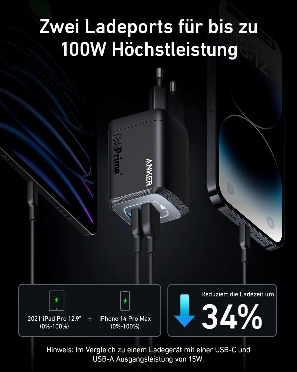 Anker Caricatore USB C 100W GaNPrime da parete, caricabatterie compatto pieghevole 3 porte per MacBook Pro/Air, iPad Pro, iPhone 16/15, Galaxy S23/S22, Note20, Pixel