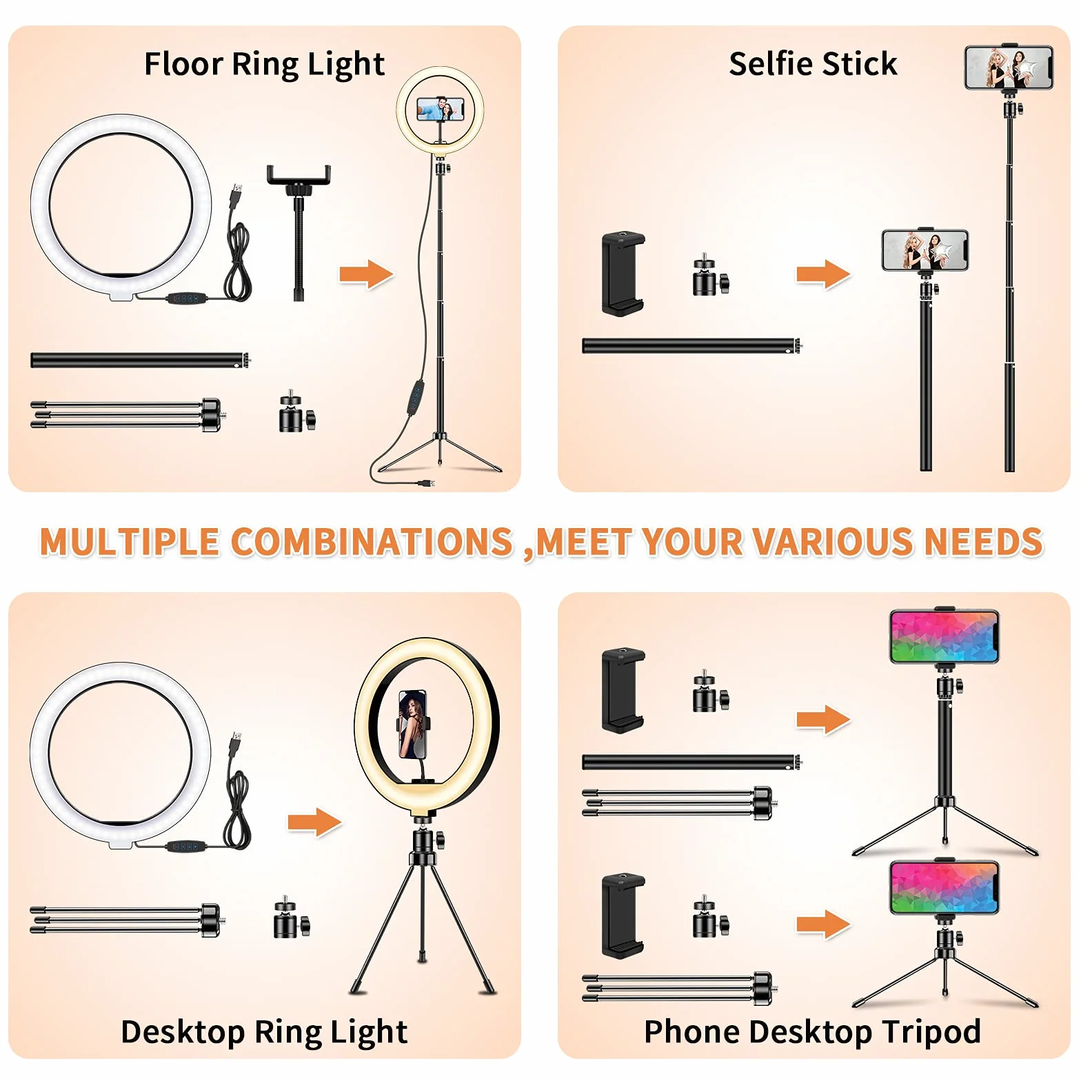 Deerfun LED Ring Light 54.4" Statyw Światło do Selfie 3 Tryby 10 Jasności Fotografia YouTube