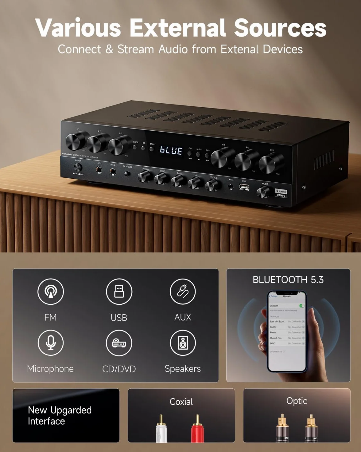 Donner Amplificatore Hifi 6 canali 1000 W Bluetooth 5.3 USB FM Karaoke MAMP6
