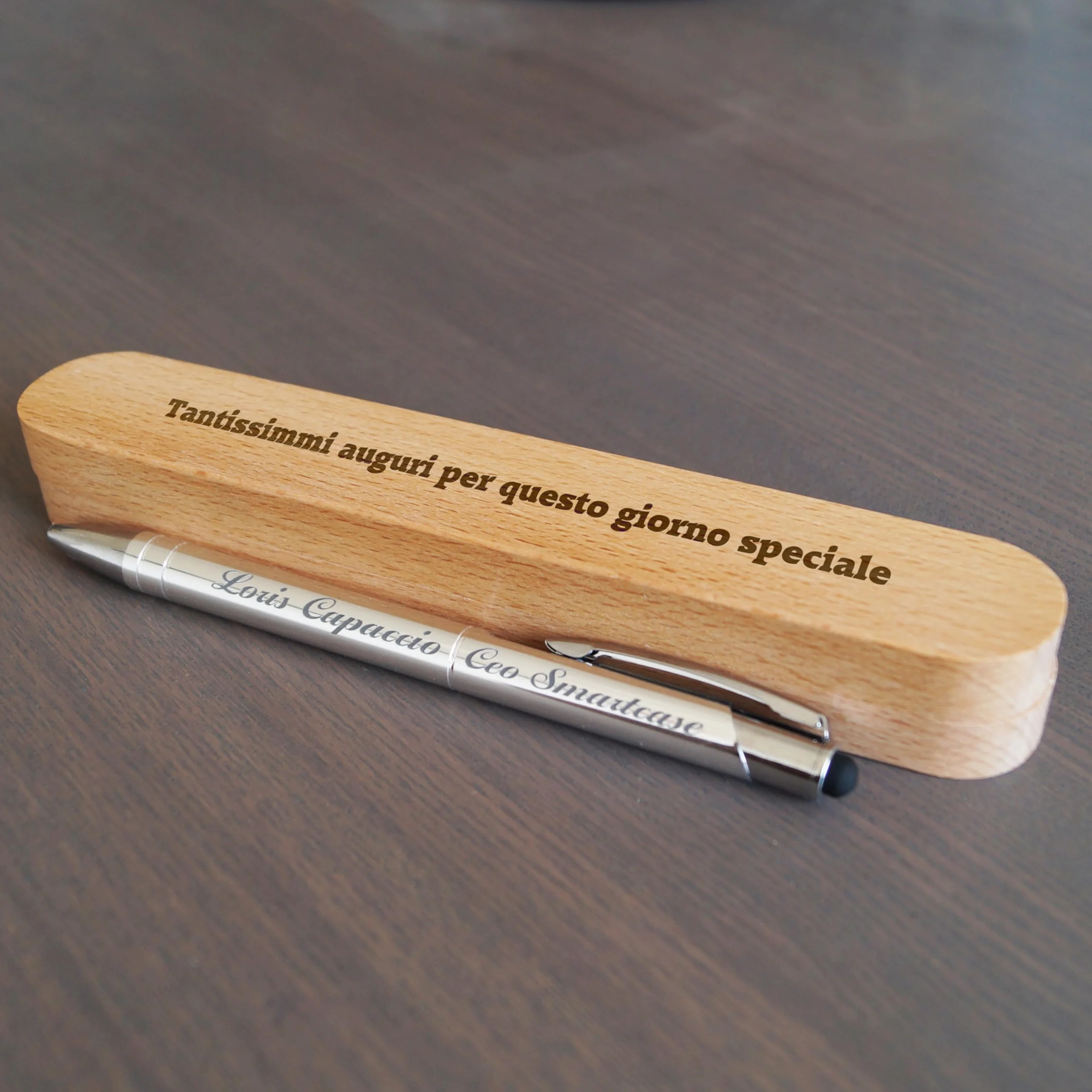 Stileitaliano Penna a sfera personalizzata a scatto in alluminio touch custodia in legno Argento