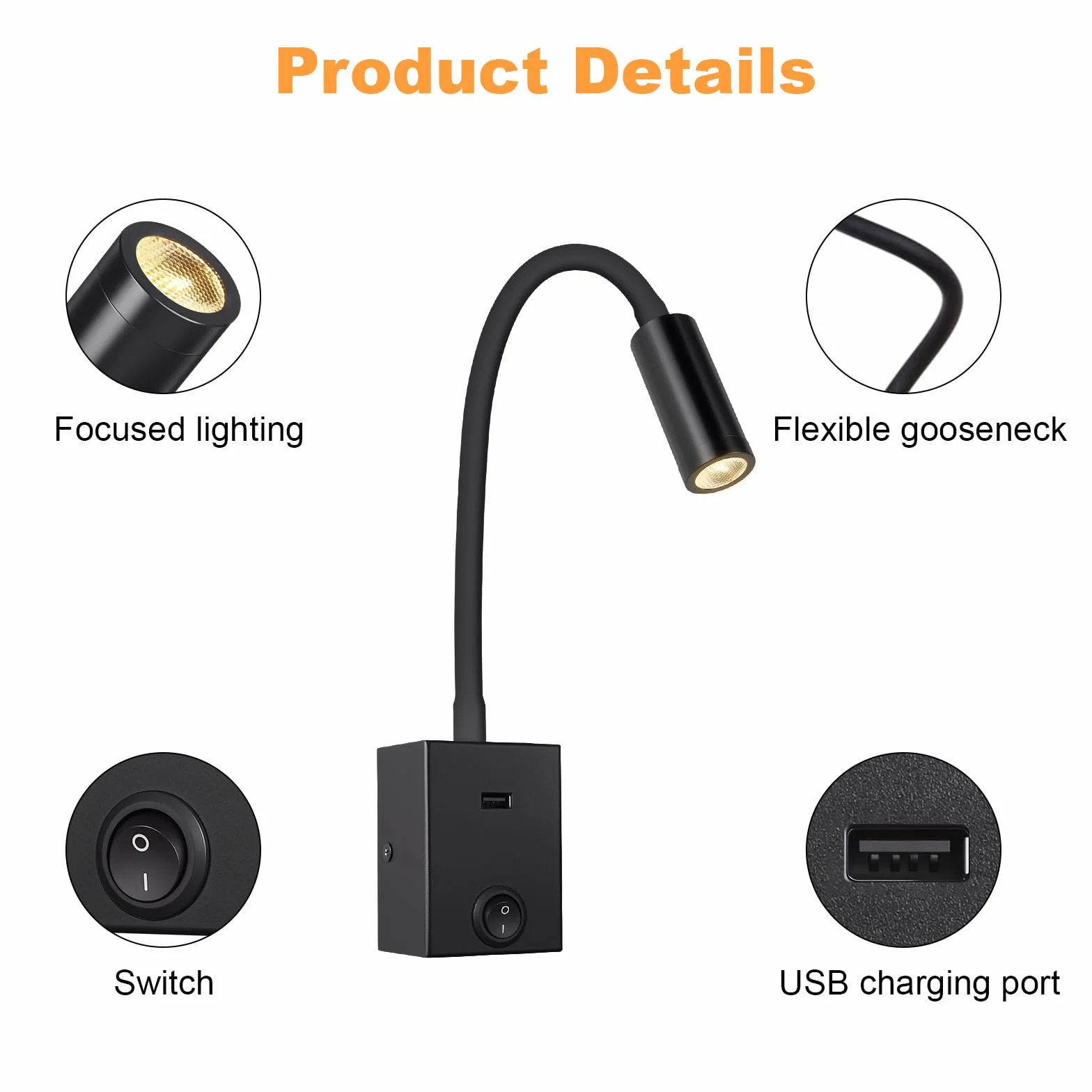 Lampada da Lettura a LED da Parete 3W con Collo d'oca Flessibile 360° USB 3000K Nero