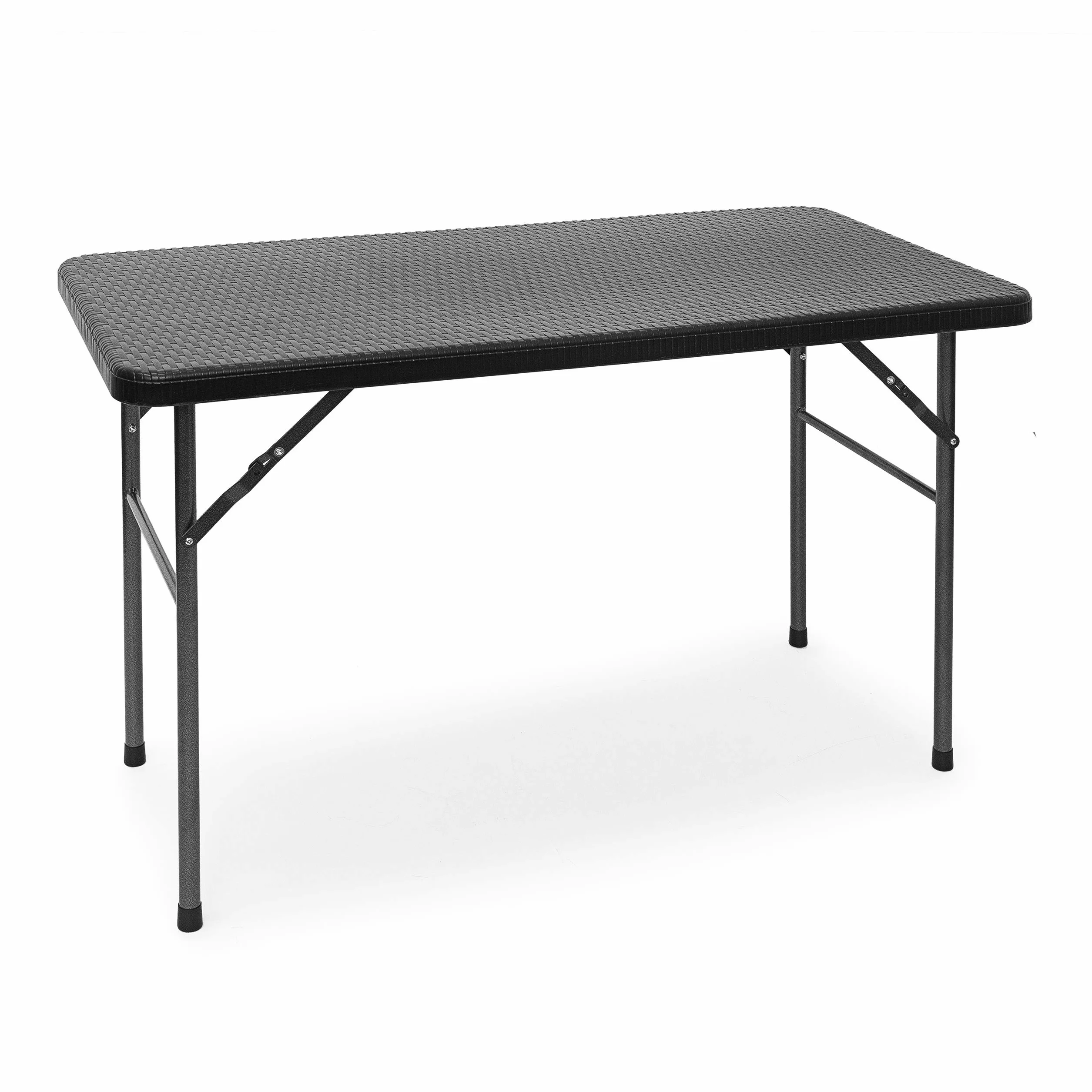 Relaxdays Tavolo da Campeggio Pieghevole BASTIAN, Rettangolare 74x121,5x61,5, Tavolino da Outdoor, Aspetto Rattan, Nero
