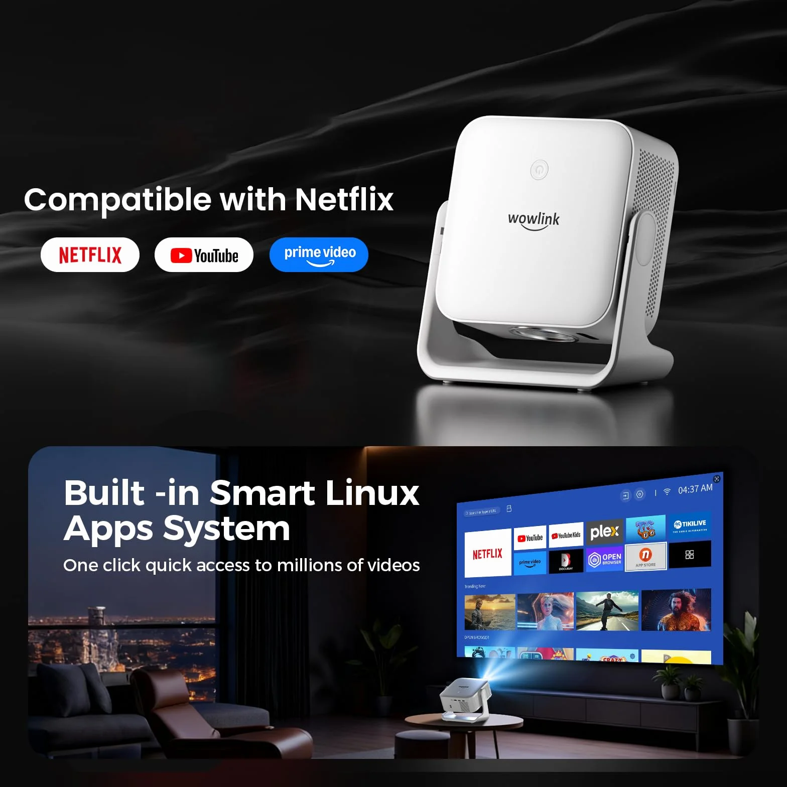 Proiettore 4K WiFi 6 Bluetooth 5.4 Smart TV OS HDR10+ 3D Suono 1080P Native Auto Focus Keystone Bianco