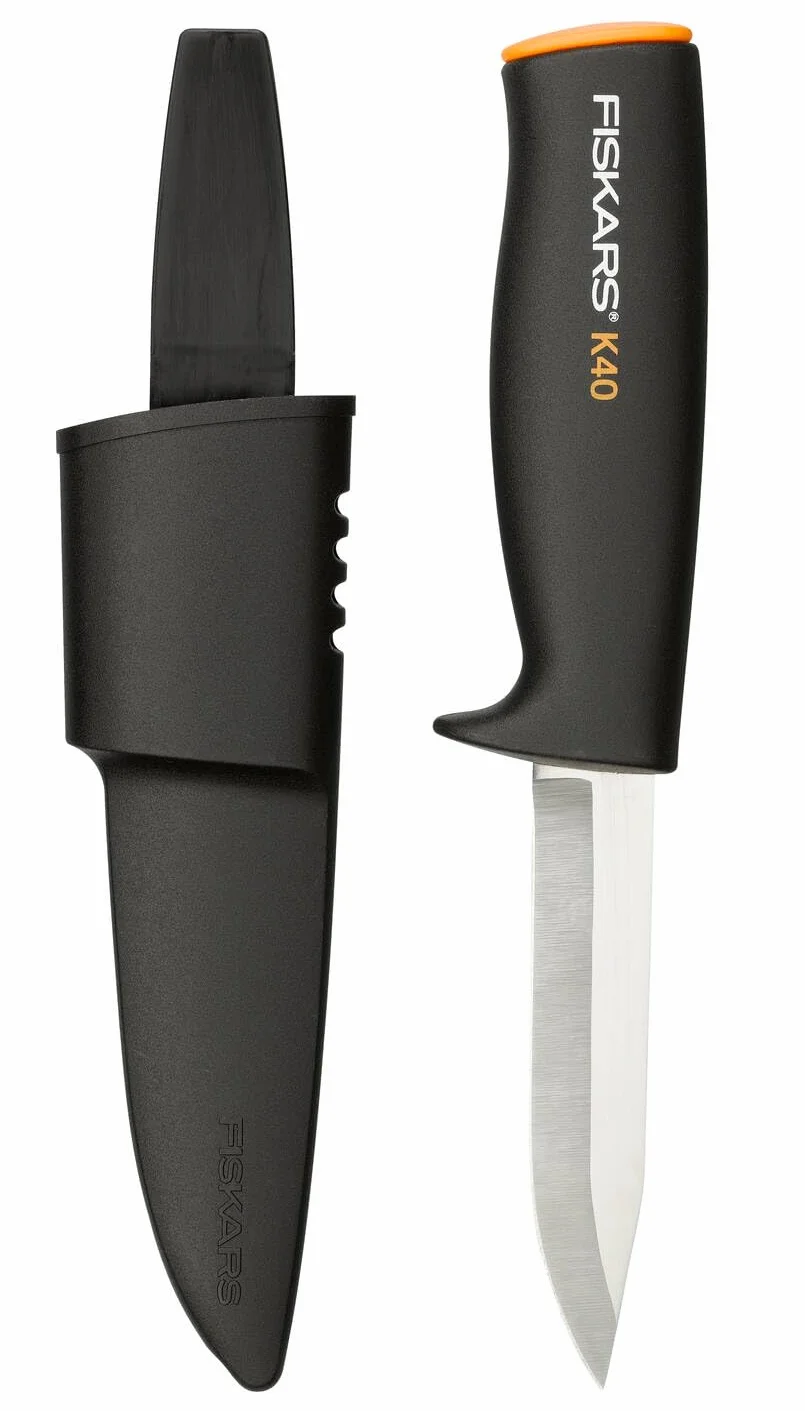 Fiskars Coltello universale da giardino a outdoor, Fodero in plastica incluso, Lunghezza: 22,5 cm, Nero/Arancione, K40, 1001622