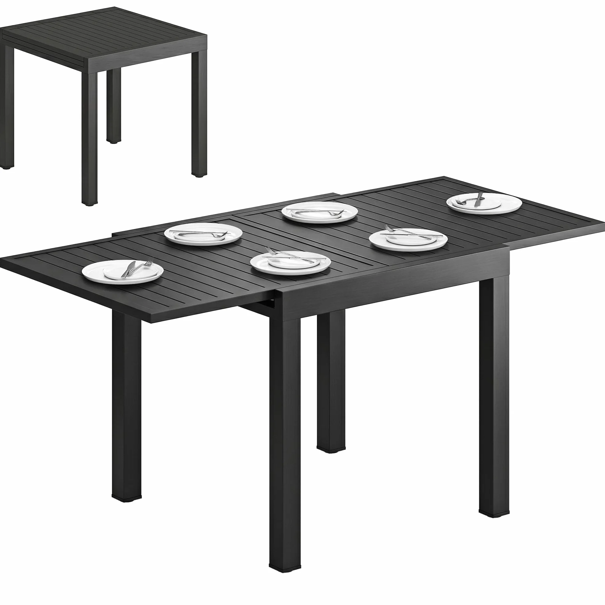 Outsunny Tavolo da Giardino Allungabile per 4-6 Persone 80/160x80 cm, Tavolo da Pranzo Esterno Estensibile Rettangolare in Alluminio con Piano a Doghe, per Patio Terrazzo Balcone, Nero