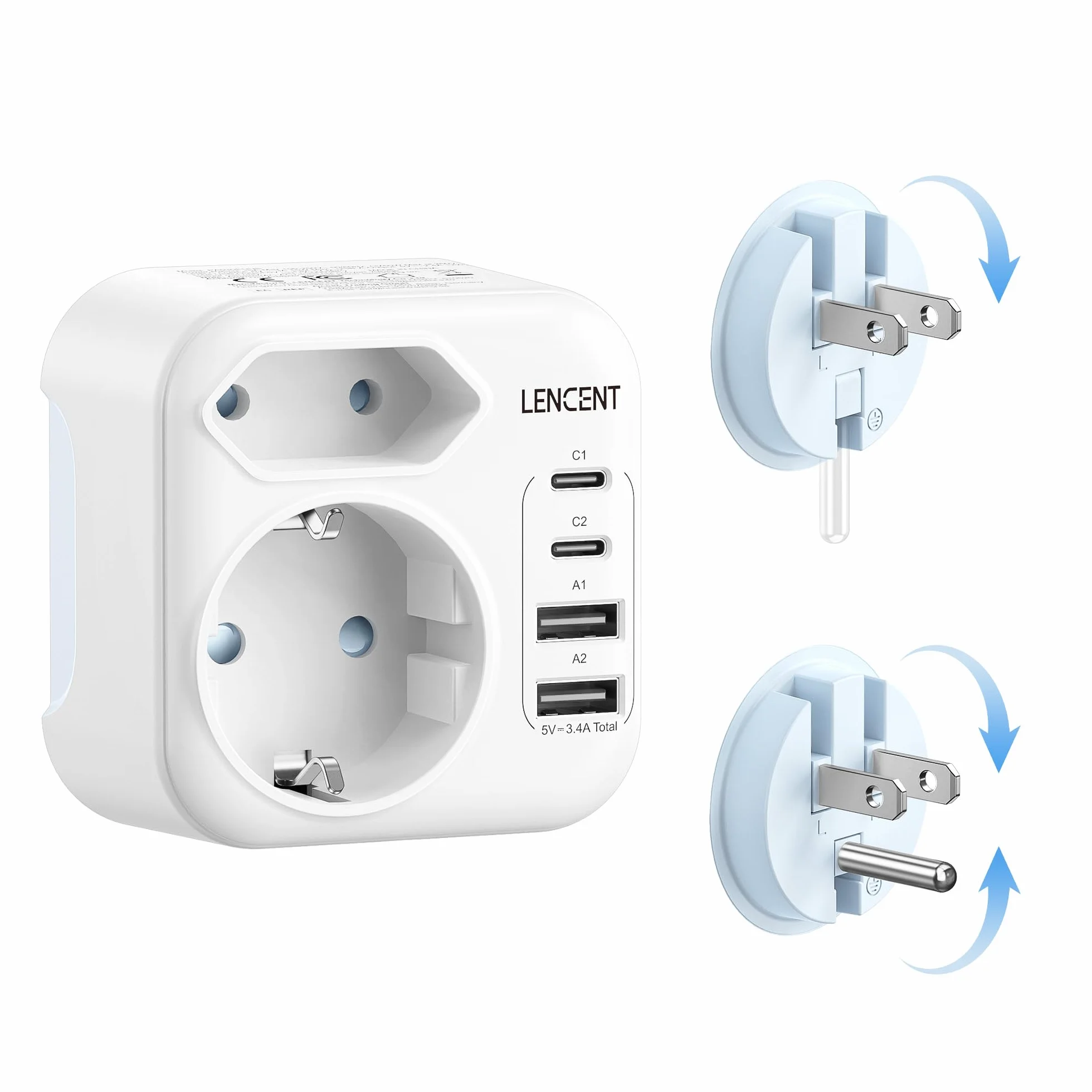LENCENT Adattatore da Viaggio Tipo A e Tipo B con USB-C Pieghevole, Presa UE a Spina US per Stati Uniti