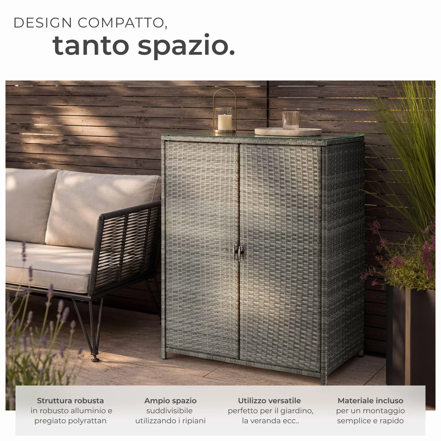 Tectake Armadio da Giardino in Rattan 84x40x103 cm 4 Scomparti Grigio