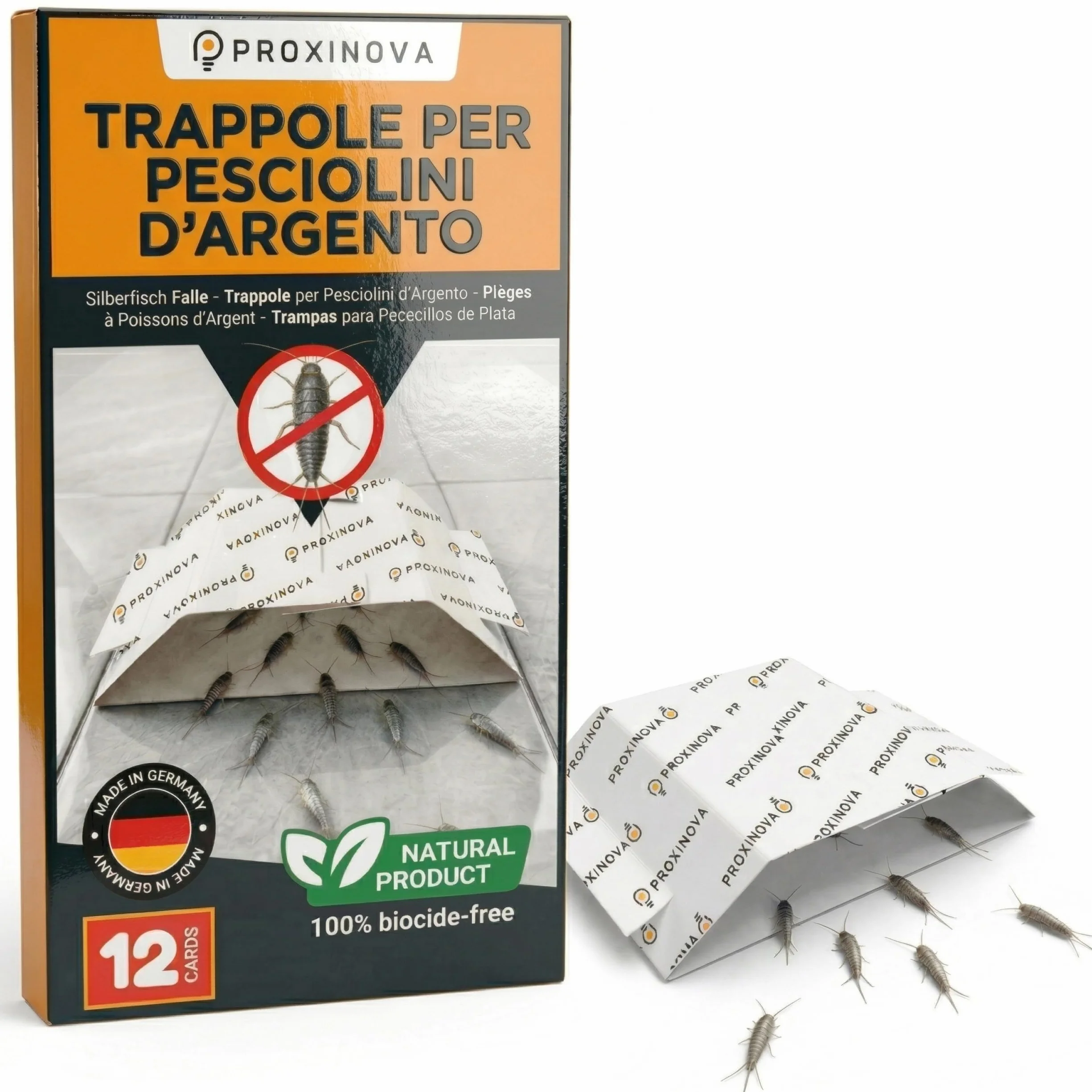 Proxinova Trappole Pesciolini d'argento - Trappola Pesciolini D'argento con Esca Naturale Adesiva per Monitoraggio Infestazioni Fino a 12 Settimane - 12 Pezzi - Made in Germany