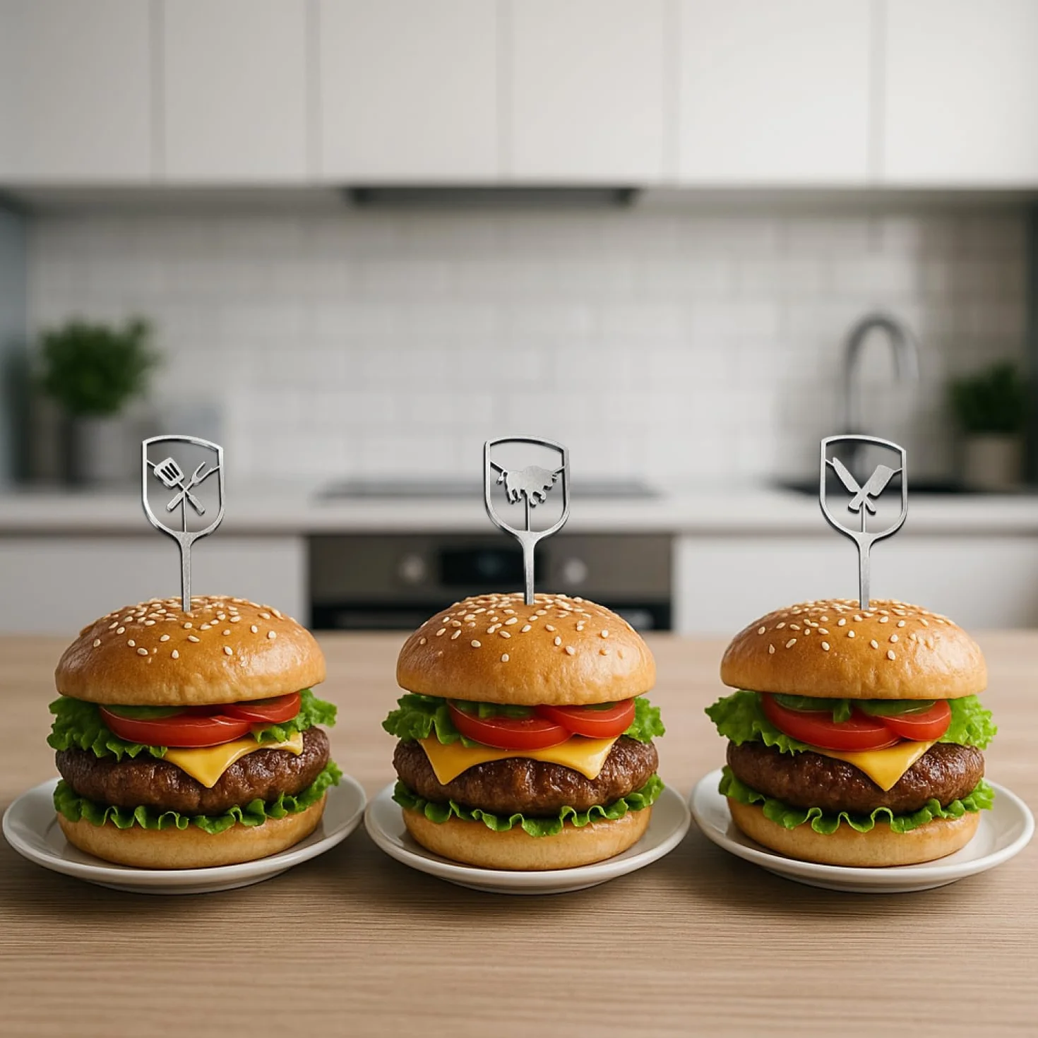 com-four® 6 spiedini burger acciaio inox 16 cm, punte metalliche con impugnatura ampia aperta, accessorio cucina, barbecue per servizio elegante (6x - aperto - 16 cm)