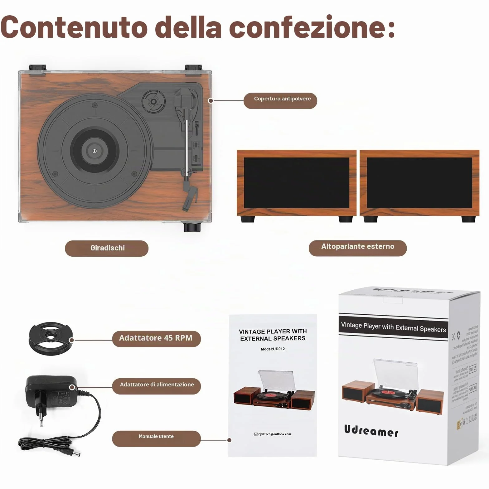Udreamer Giradischi Vintage Bluetooth 5.3 con 2 Altoparlanti Stereo, 3 Velocità, AUX-in, RCA, USB, Marrone