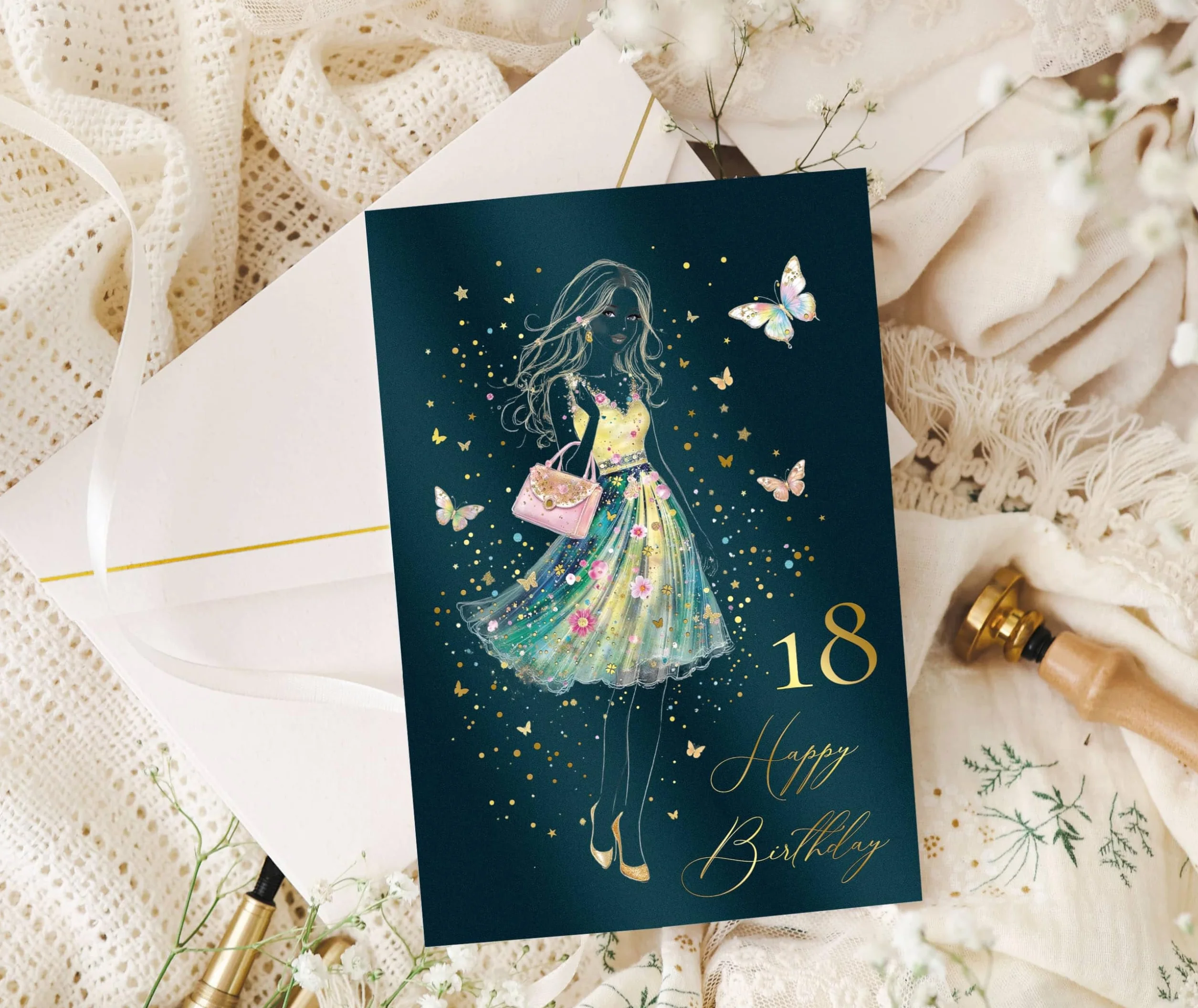 Joli Coon Biglietto auguri compleanno 18 STARDUST Lady – Biglietto auguri compleanno 18 anni ragazza con busta in carta premium e sigillo in cera