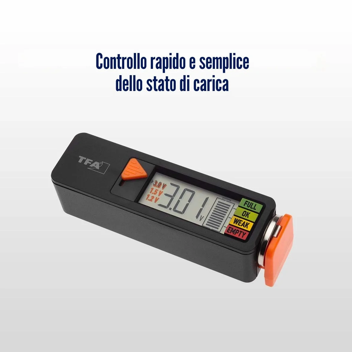 TFA Dostmann BatteryCheck Tester per batterie AAA AA C D pila a bottone indicatore carica voltaggio nero