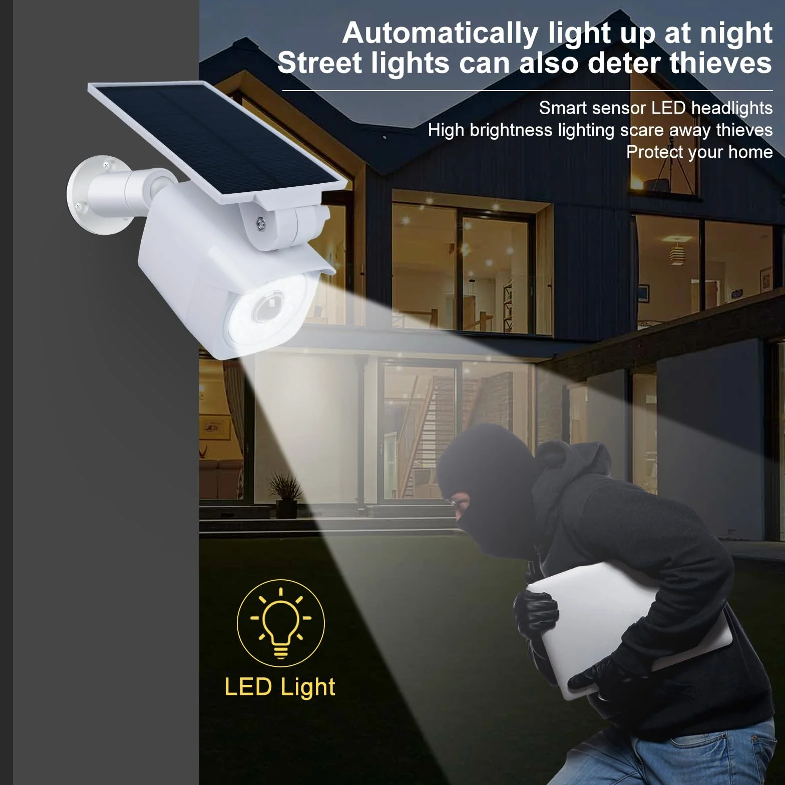 Telecamera finta da esterno Faro LED solare con sensore movimento 360° Pannello solare girevole 120° 5V 1,5W 2200mAh IP65 Bianco