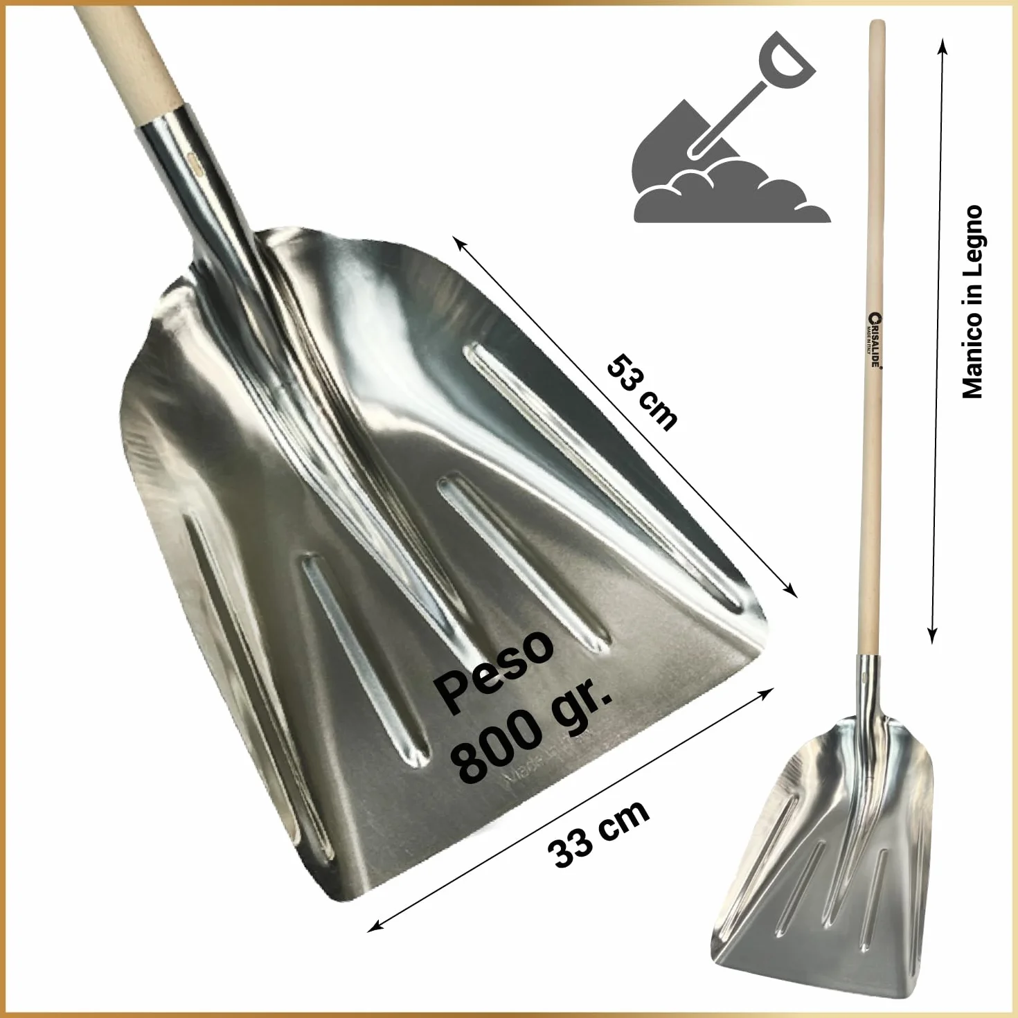 Crisalide® - Badile Super Resistente 36x49 cm con Manico in Legno - Versatile per Uso Agricolo, Giardinaggio e Lavori Pesanti, Multiuso, Pala da Neve (Alluminio)