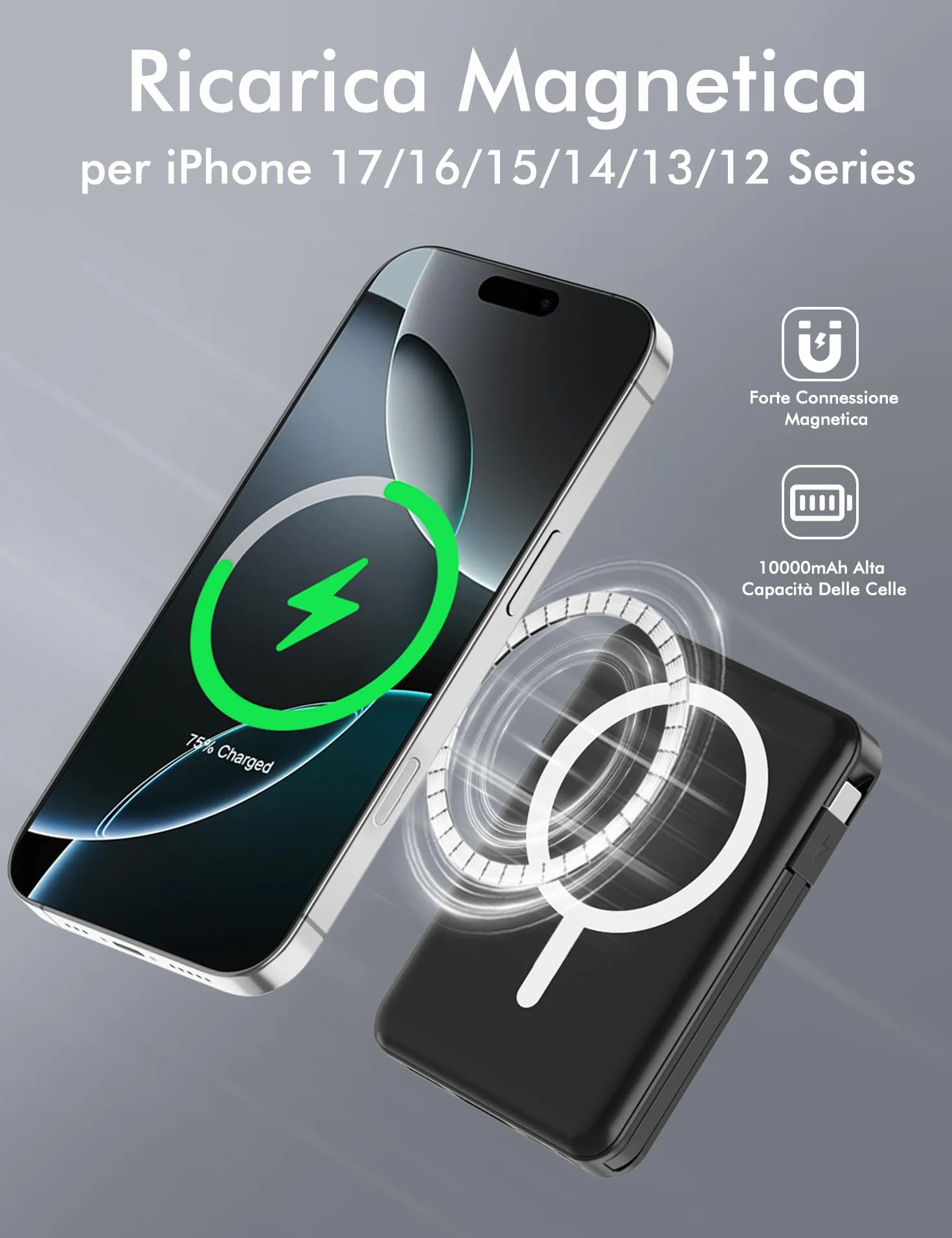 Powerbank Mag-Safe 10000mAh Magnetico Wireless 20W PD Ricarica Rapida per iPhone 17/16/15/14/13/12 Series Nero