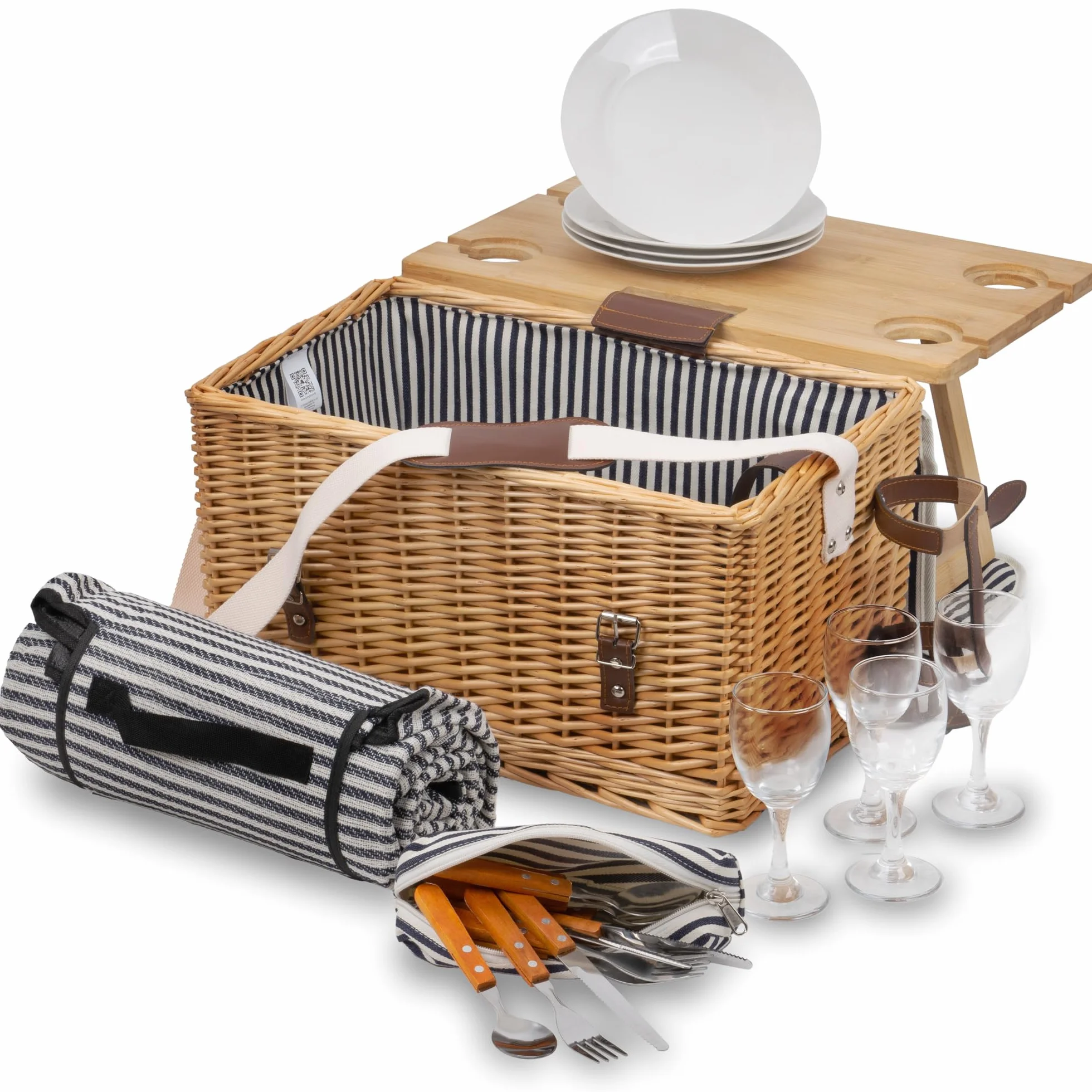 CampFeuer Cestino da picnic per 4 persone, con set di stoviglie e tavolo da portata, 25 pezzi, con motivo interno a righe, cestino in vimini con cinturino in similpelle, borsa da picnic, set da picnic