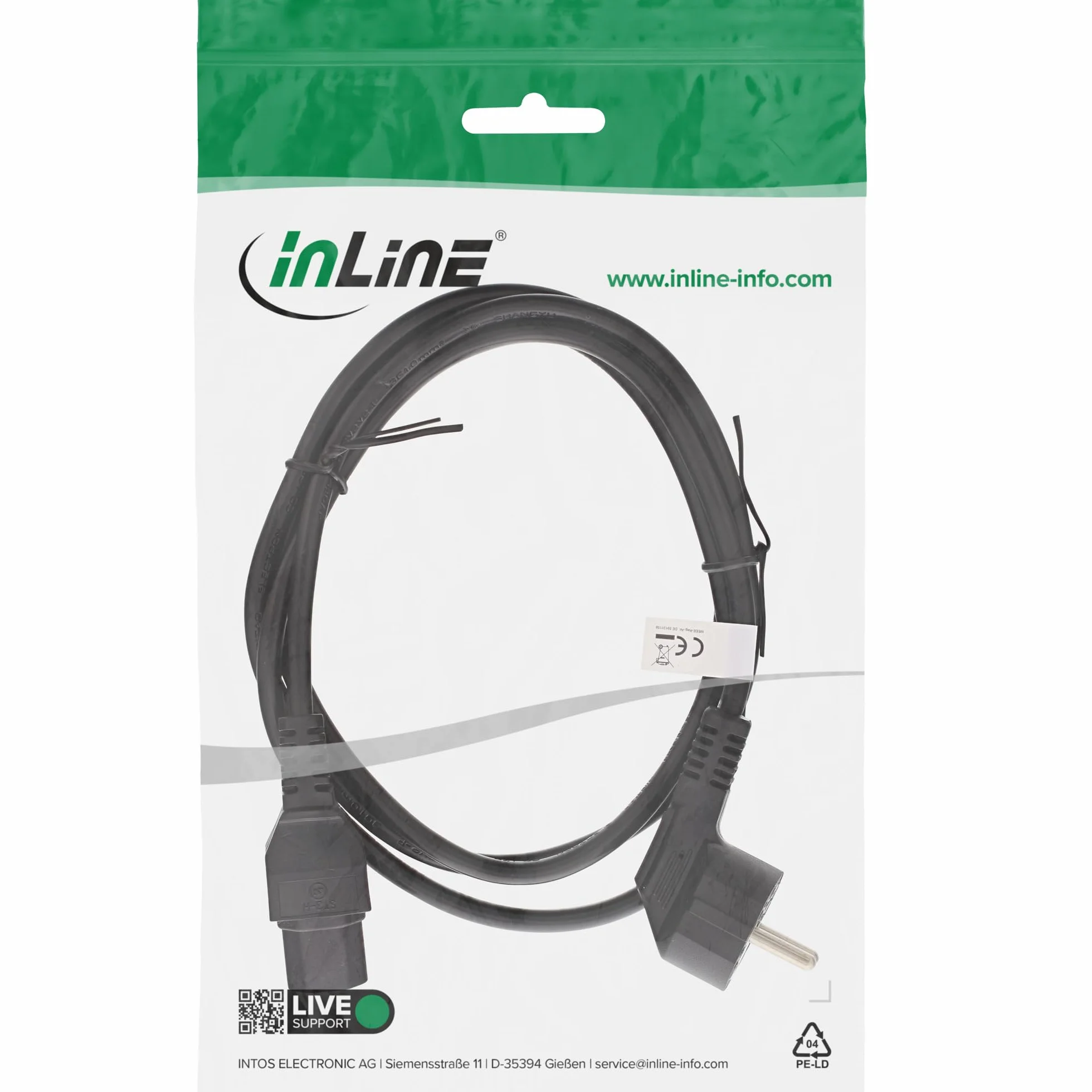 InLine 22346 Kabel Zasilający, Wtyczka Schuko CEE-7/7 90° do Gniazda IEC-320-C15, 2 m, Czarny