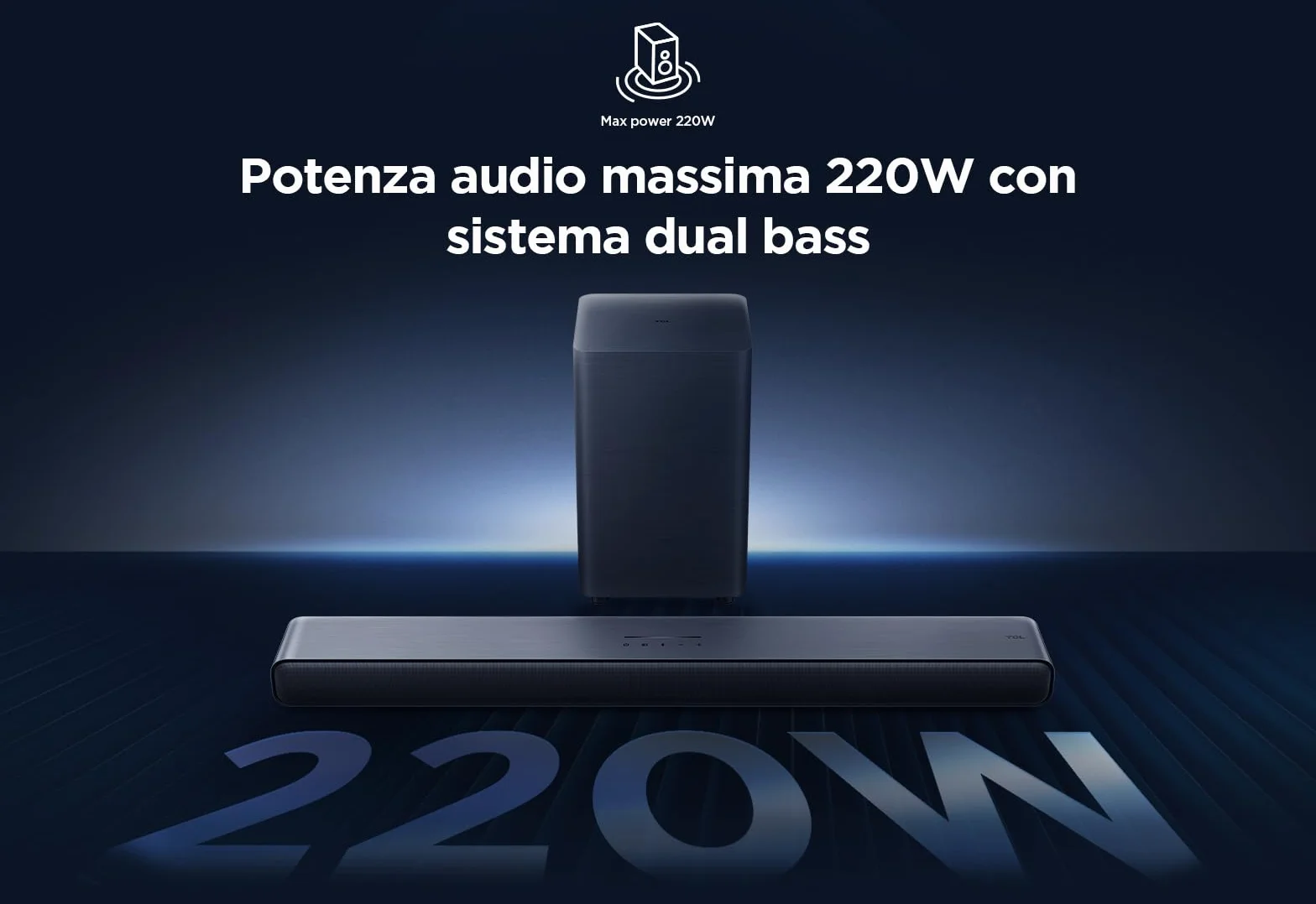TCL S55HE Soundbar 2.1 220W Dolby Atmos DTS Virtual:X wireless subwoofer Bluetooth 5.3 HDMI eARC