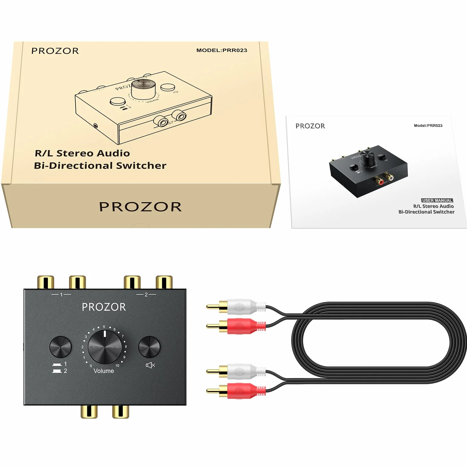 PROZOR Stereo Audio Switch 1 in 2 out / 2 in 1 out Bidirezionale con 1.5m Cavo RCA Tasto Muto