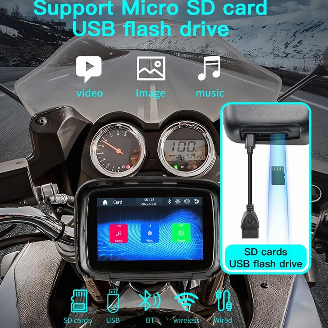 PolarLander Monitor per Moto Portatile 5'' IPS Impermeabile IPx6 Compatibile con Wireless Apple Carplay e Android Auto Dual Bluetooth