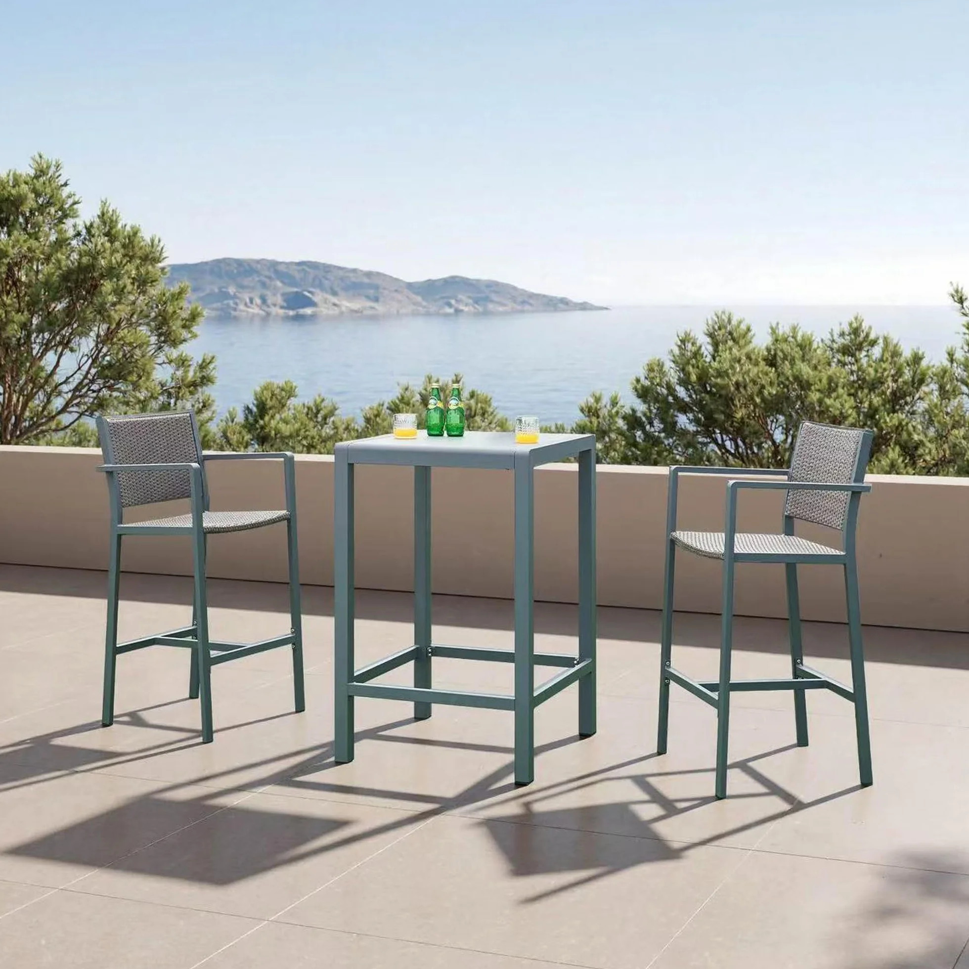 casa.pro Set Bar da Esterno Tavolo Alto con Piano Squadrato in Vetro e 2 Sgabelli Alti con Sedute e Schienali in Polirattan Arredo per Terrazza Patio Giardino Telaio in Alluminio - Antracite, Grigio