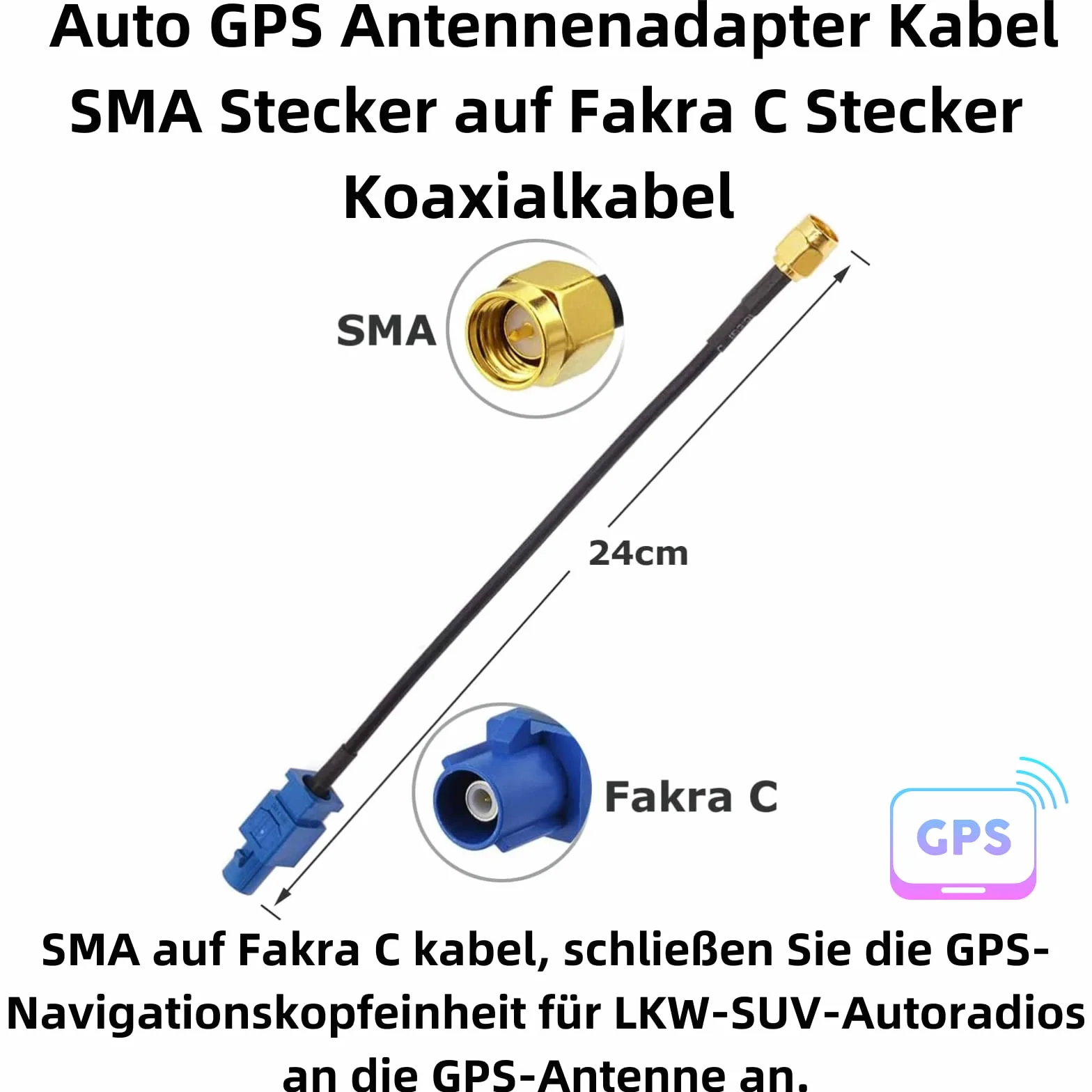 Cavo adattatore antenna GPS SMA maschio a Fakra C maschio 24 cm