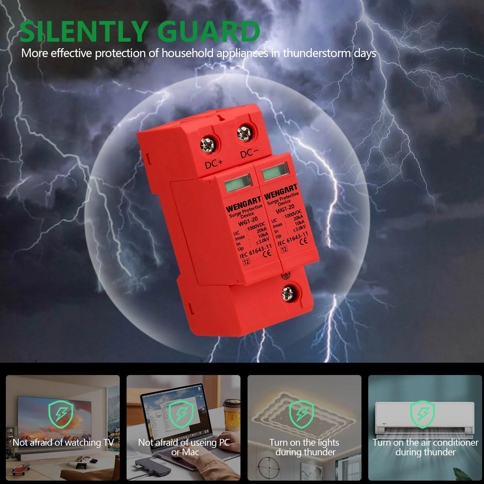 Wengart Scaricatore di Sovratensione DC 1000V 2P SPD 10-20kA Protezione Fulmini Fotovoltaico Guida DIN 35mm
