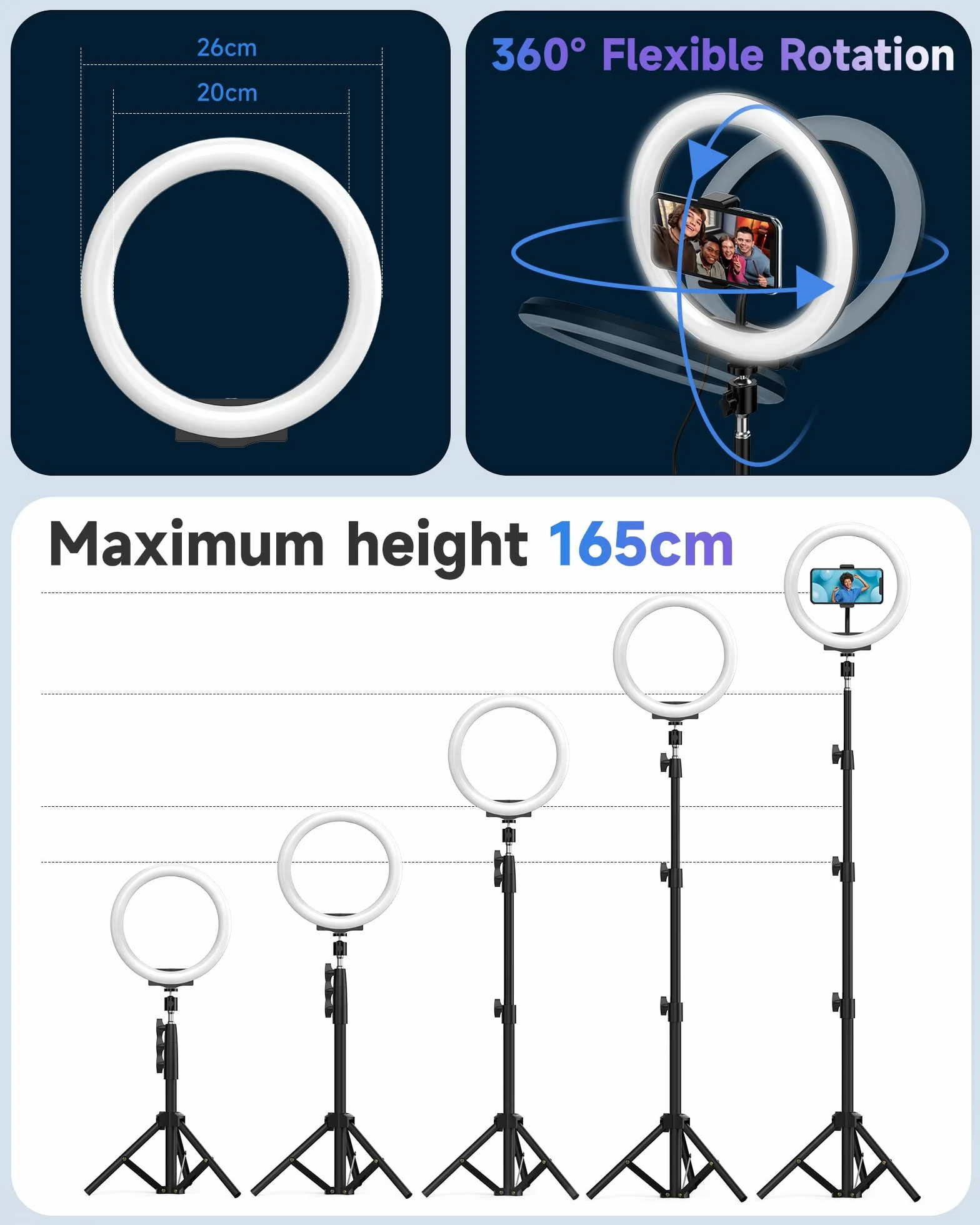 QIUOIO Ring Light con Treppiede Alto, 35 Modalità RGB, 3 Effetti Luce, 10 Luminosità Regolabile, per Smartphone Shooting