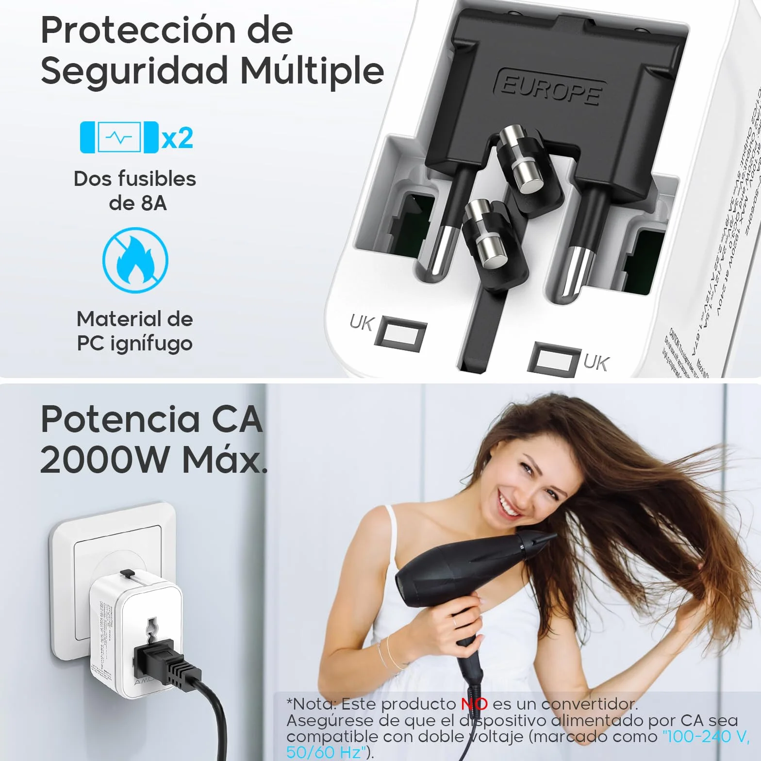 Amoner Adattatore Universale da Viaggio 2 USB C 2 USB A 2KW per 200+ Paesi
