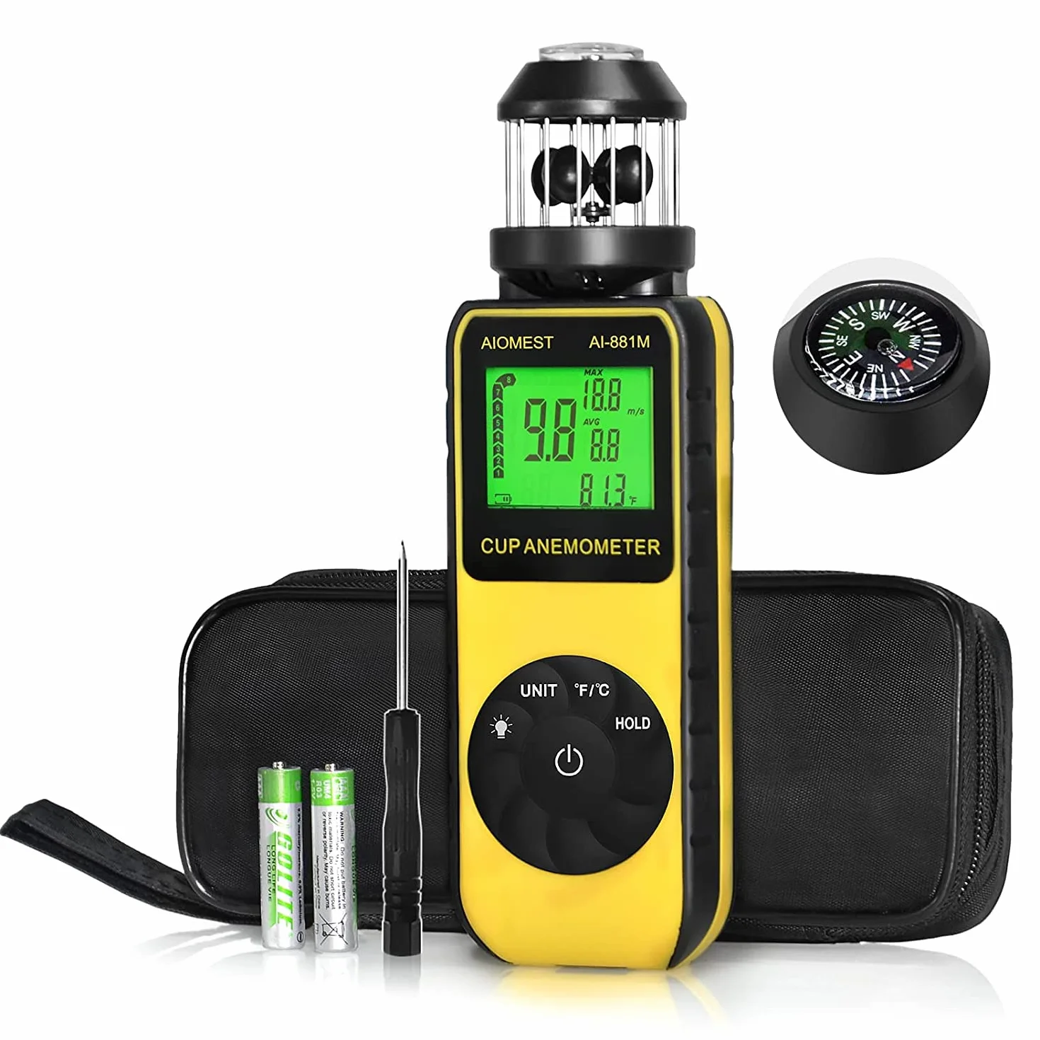 Anemometro Portatile Digitale Misuratori del Vento con Direzione Vento, Misuratore Velocità Vento 2.4~150 km/h per Esterni, Caccia, Surf, Droni, HVAC - Termometro Integrato - AIOMEST AI-881M