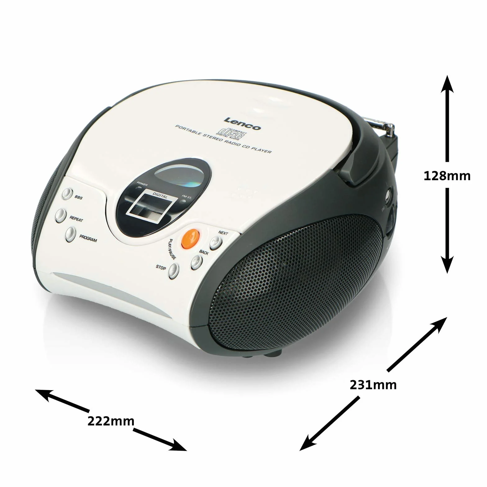 Lenco SCD-24 Lettore CD per bambini Radio FM Stereo Boombox 2x1,5W RMS Bianco