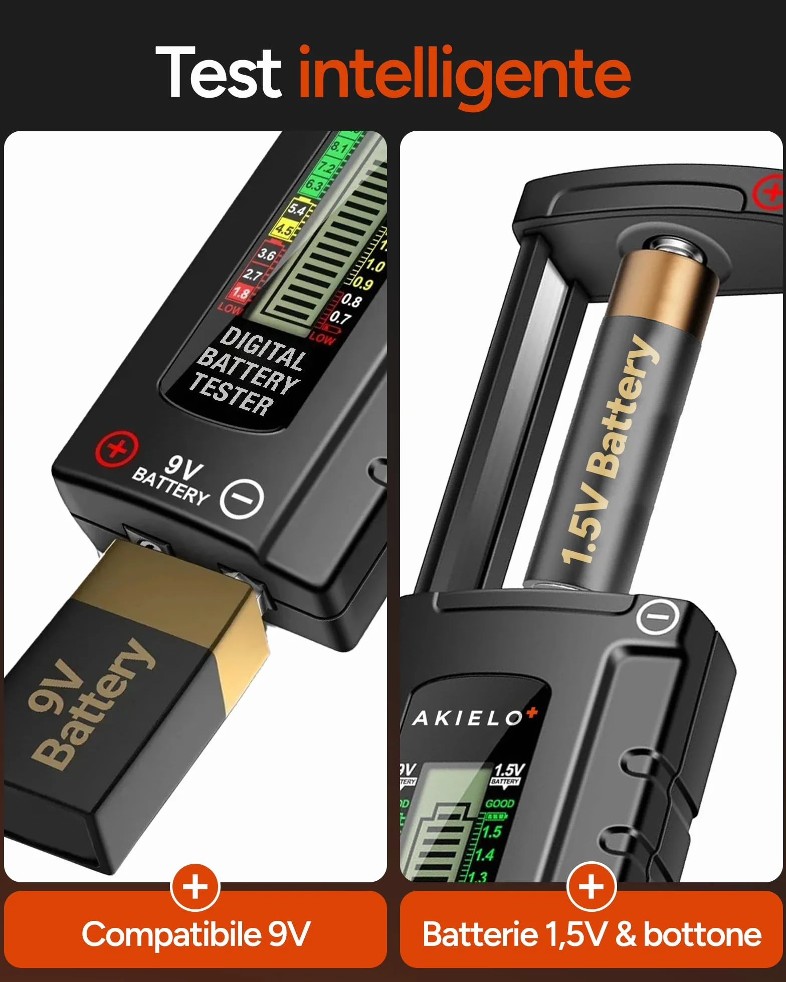 AKIELO+ Tester Digitale per Batterie AA AAA C D 9V 1,5V Pila a Bottone con Display LCD