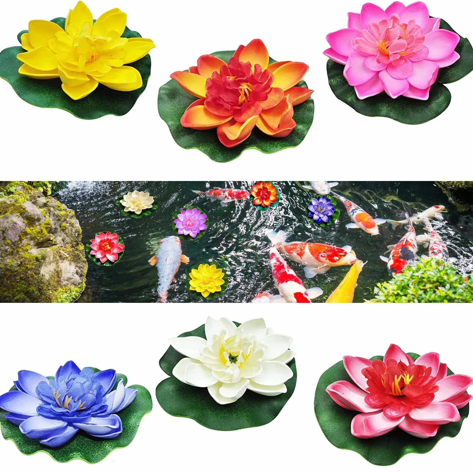 HENGBIRD 6 fiori galleggianti, ninfee artificiali, loto, giglio d'acqua, 10 cm, piante da laghetto, per acquario, laghetto, piscina, giardino, stagno, decorazione