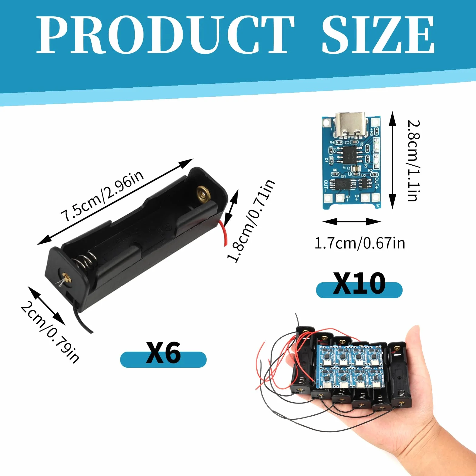 USB Type-C 5V Modulo di Ricarica Protezione Doppia, 6 Supporti per Batteria 3.7V Collegamenti a Filo, 10 Pezzi Pannello di Ricarica