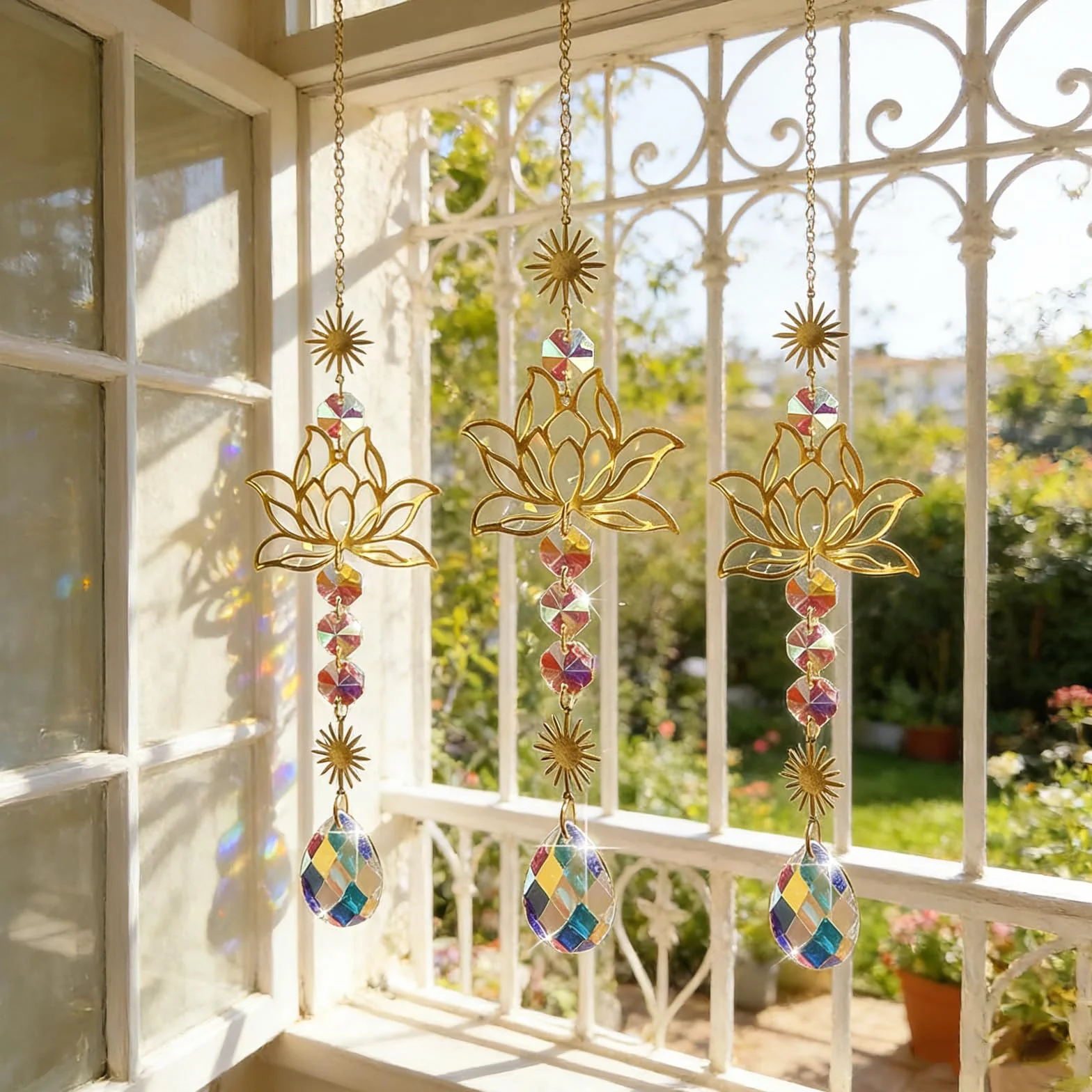 Acchiappasole in Cristallo,3 Pezzi Crystal Suncatcher,Appendere Vetro Acchiappa Sole,Fiore di Loto,Pendenti Prismi Cristallo,Pendenti Suncatcher Decorazione,per Giardino,Casa,Interno ed Esterno