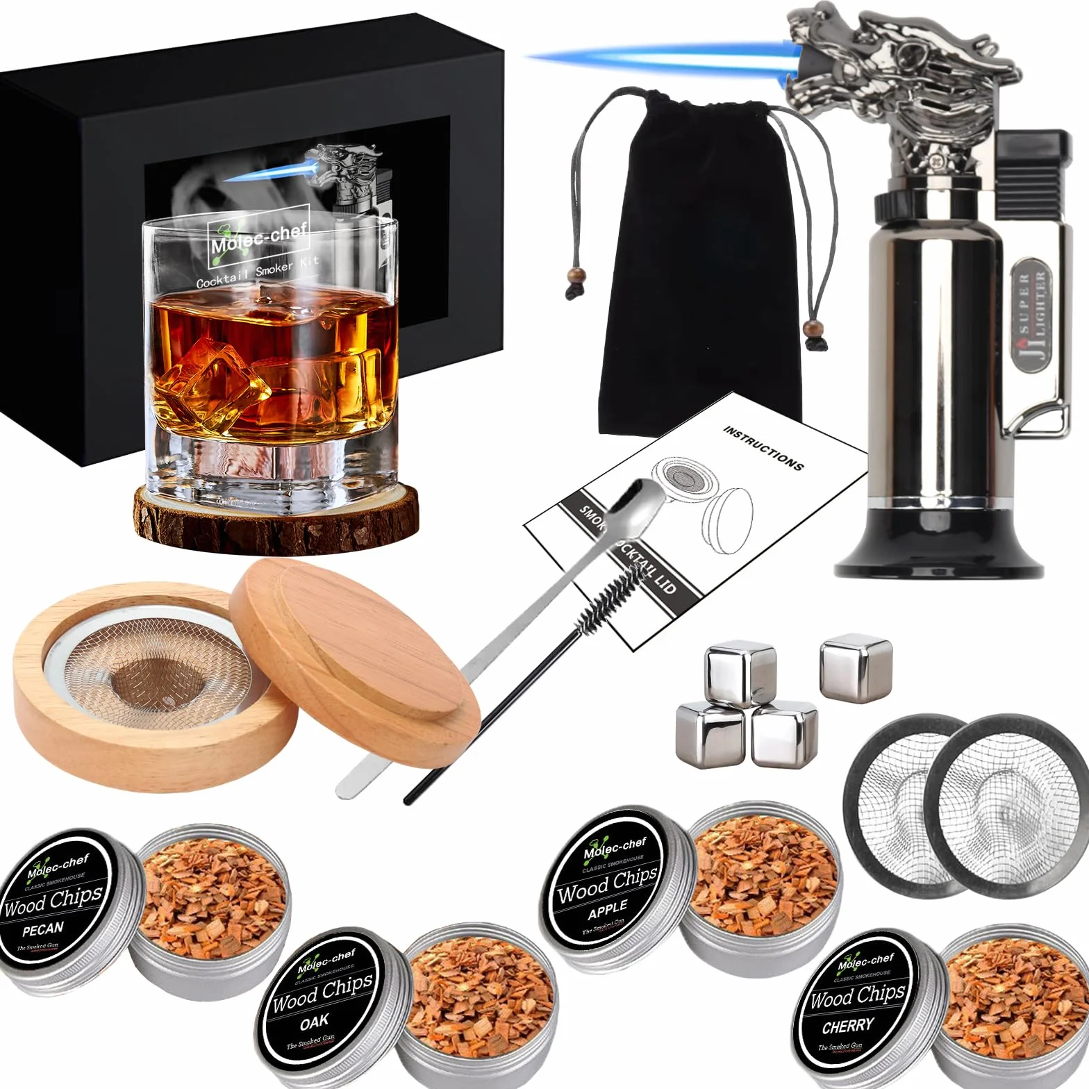 Kit per Affumicatore da Cocktail con Torcia, Mini Affumicatore Cocktail Set con 4 Gusti Tucioli di Legno e 4 Cubetti di Ghiaccio, Kit per Fumatori di Bevande per Whisky, Bevande, Bourbon, Bistecche