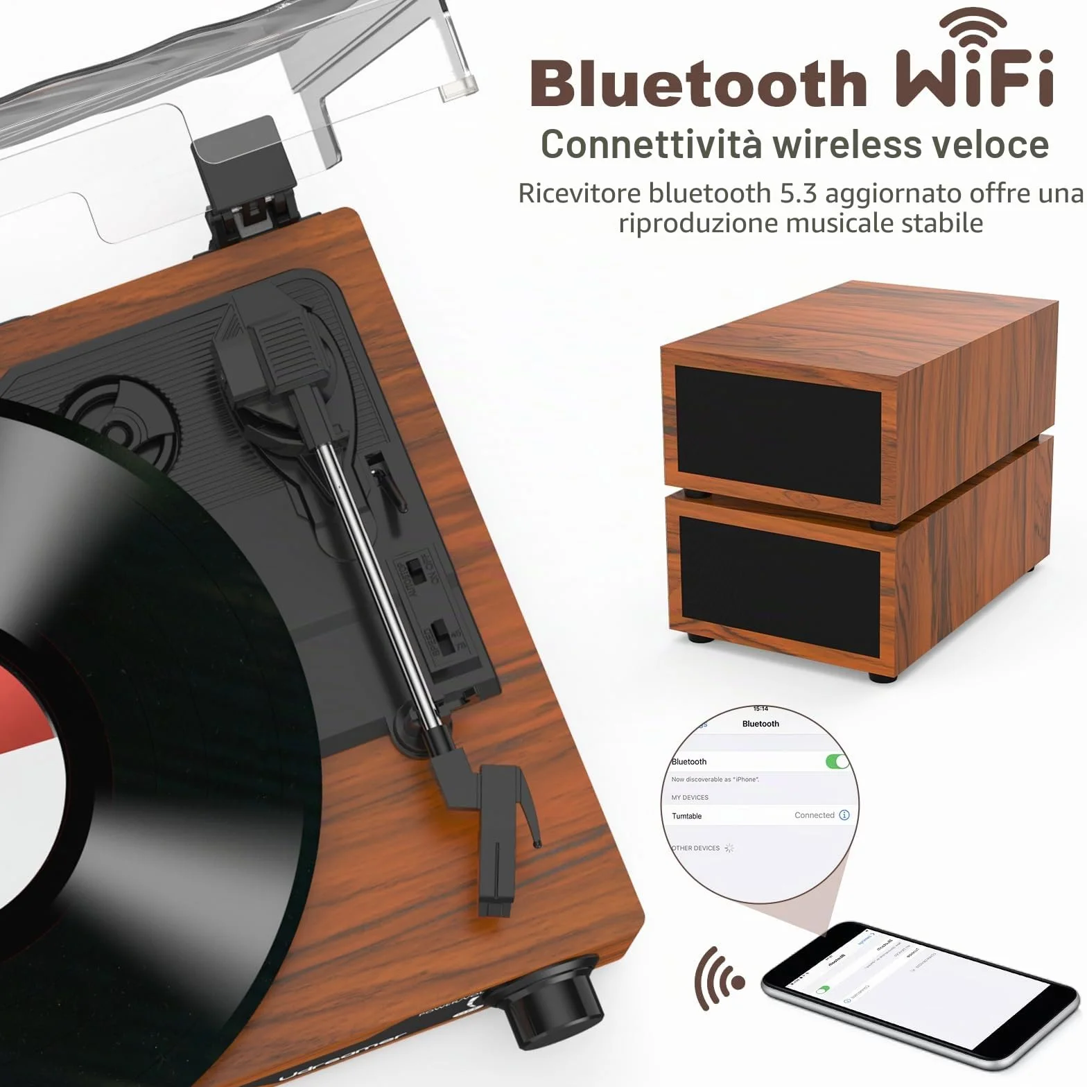 Udreamer Giradischi Vintage Bluetooth 5.3 con 2 Altoparlanti Stereo, 3 Velocità, AUX-in, RCA, USB, Marrone