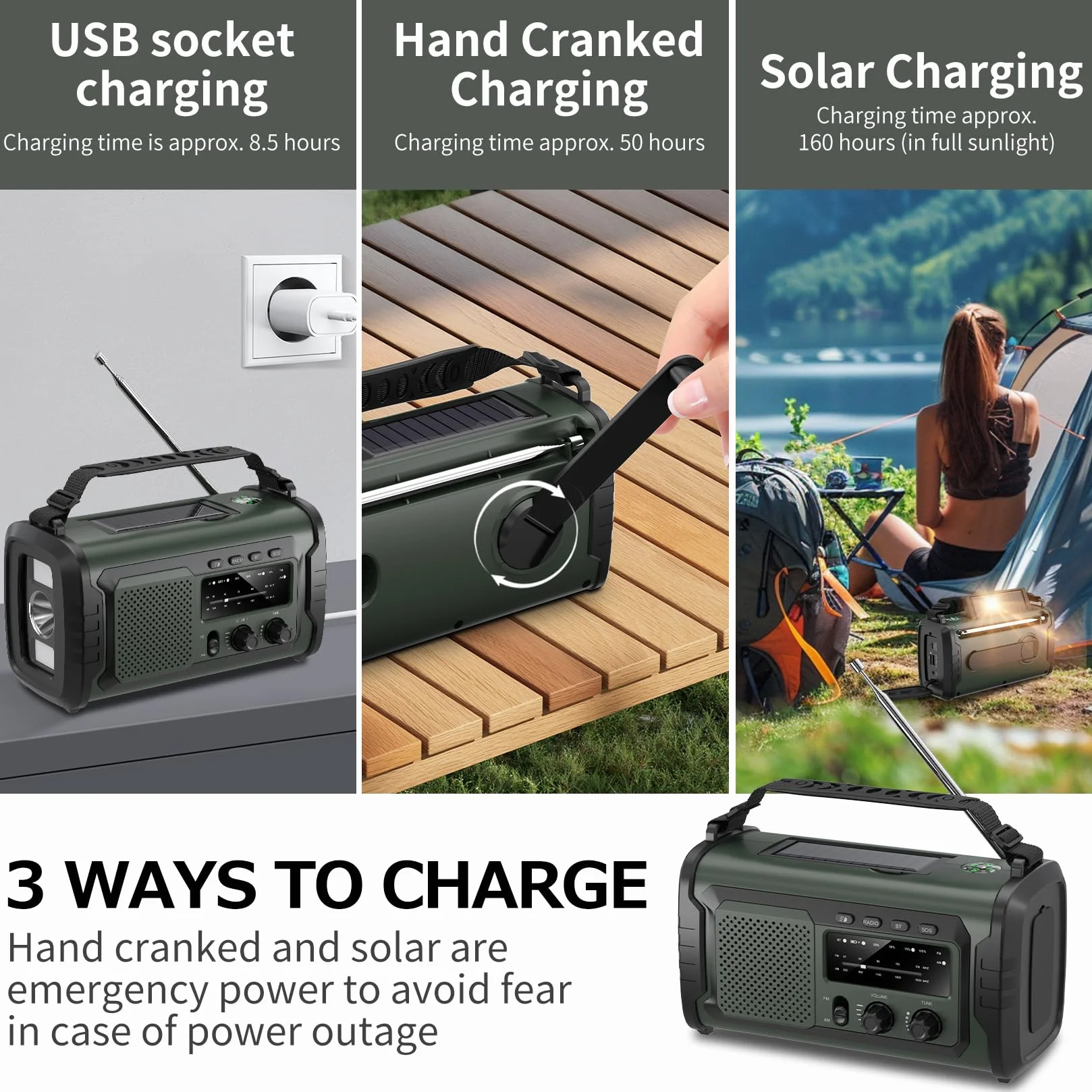 Radio a Manovella 27000mAh FM AM Bluetooth 5.3 Solarecon Allarme SOS Bussola Torcia Elettrica