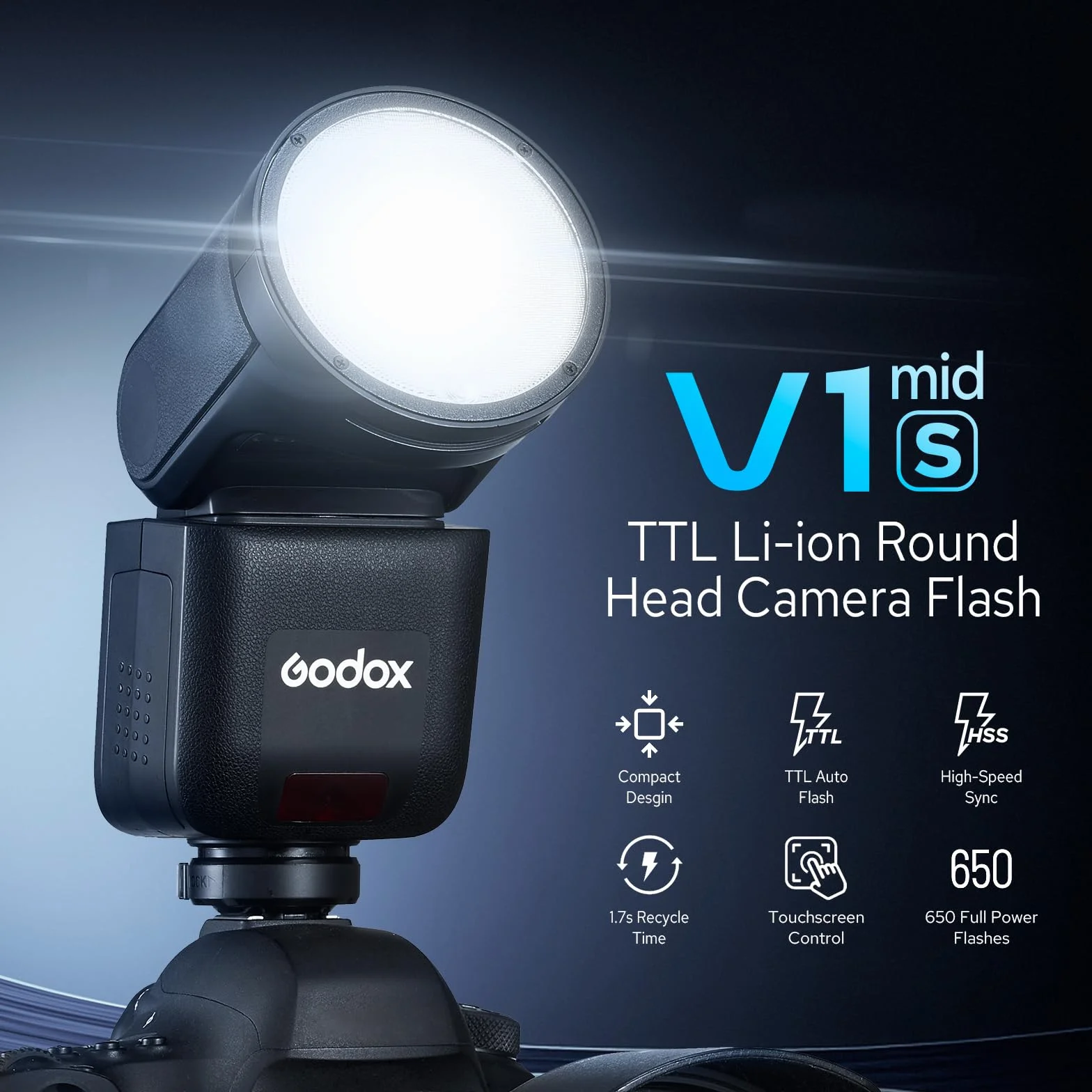 GODOX V1 mid S Flash TTL a Testa Rotonda Wireless 2.4G HSS 1/8000s 2200mAh 650 Flash Supporto Type-C Compatibile Sony