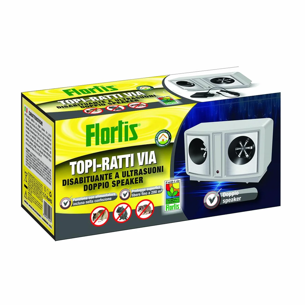 Flortis Topi Ratti Ultrasuoni Doppio Speaker Deterrente Elettrico con Alimentatore Dissuasore Uso Interno