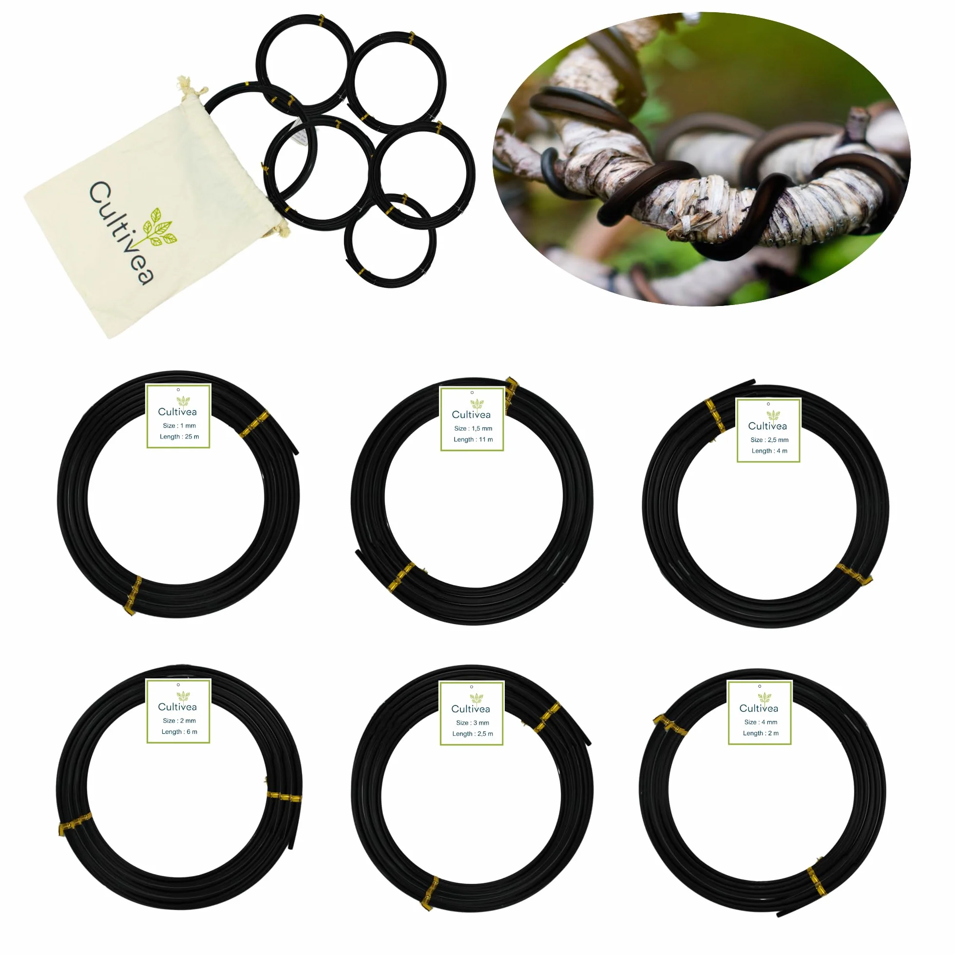 CULTIVEA® Filo per bonsai, set di 6 rotoli di filo di alluminio - 1,0mm/1,5mm/2,0mm/2,5mm/3,0mm/4,0mm - Legatura anticorrosione per bonsai, attrezzi per giardinaggio indoor - bonsai, piante, alberi