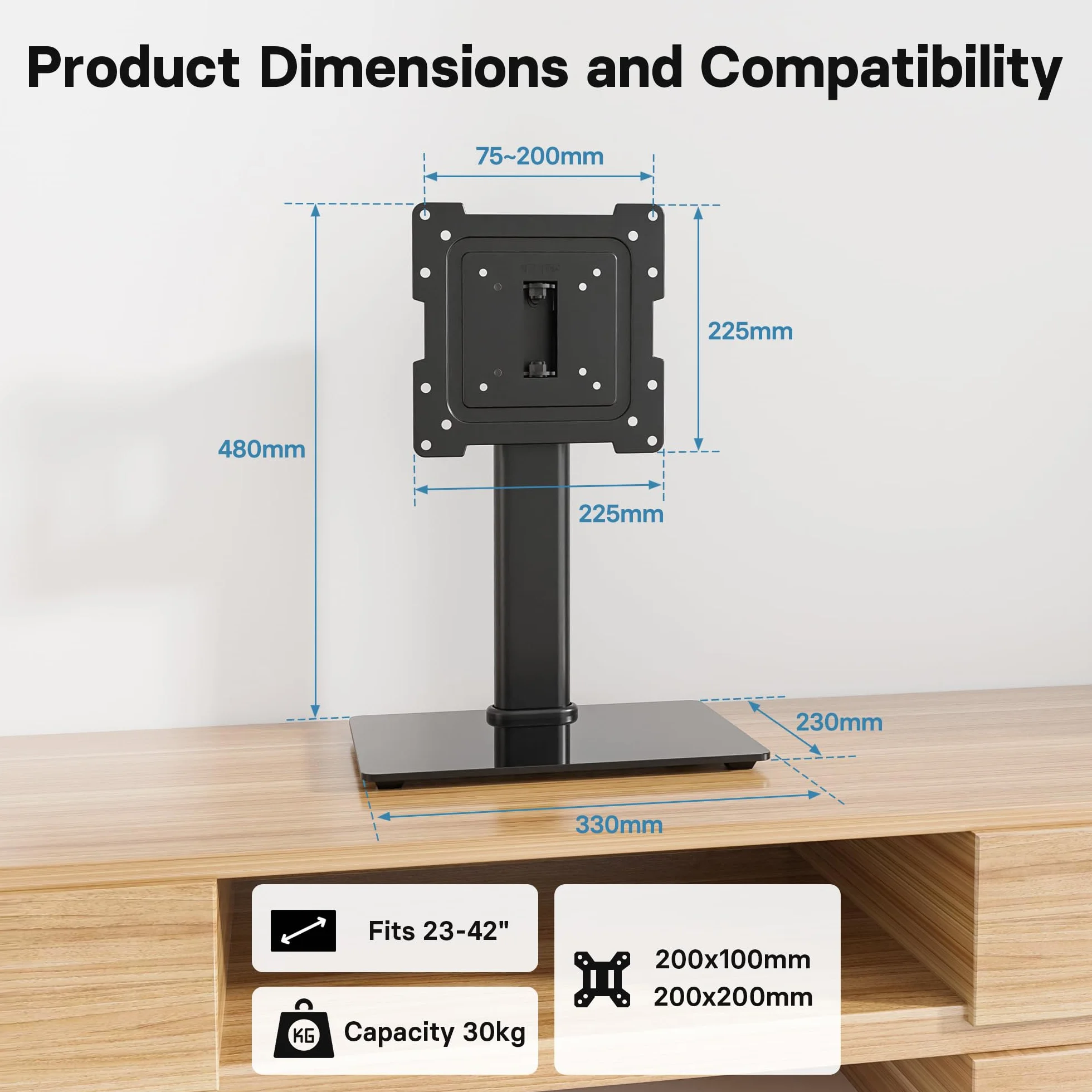 BONTEC Supporto TV da Tavolo 23-42" Regolabile in Altezza e Rotazione Base Vetro Temperato VESA 200x200mm 30 kg
