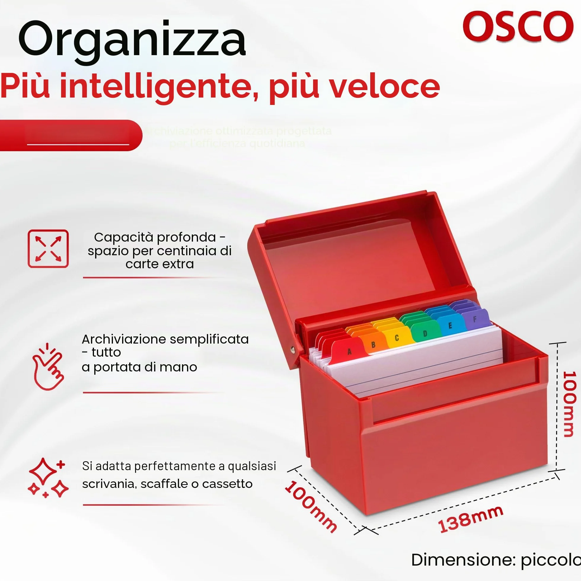 Osco AIBOX-RED Red Hi-Gloss Index Box 100 Cards Coloured Tabs