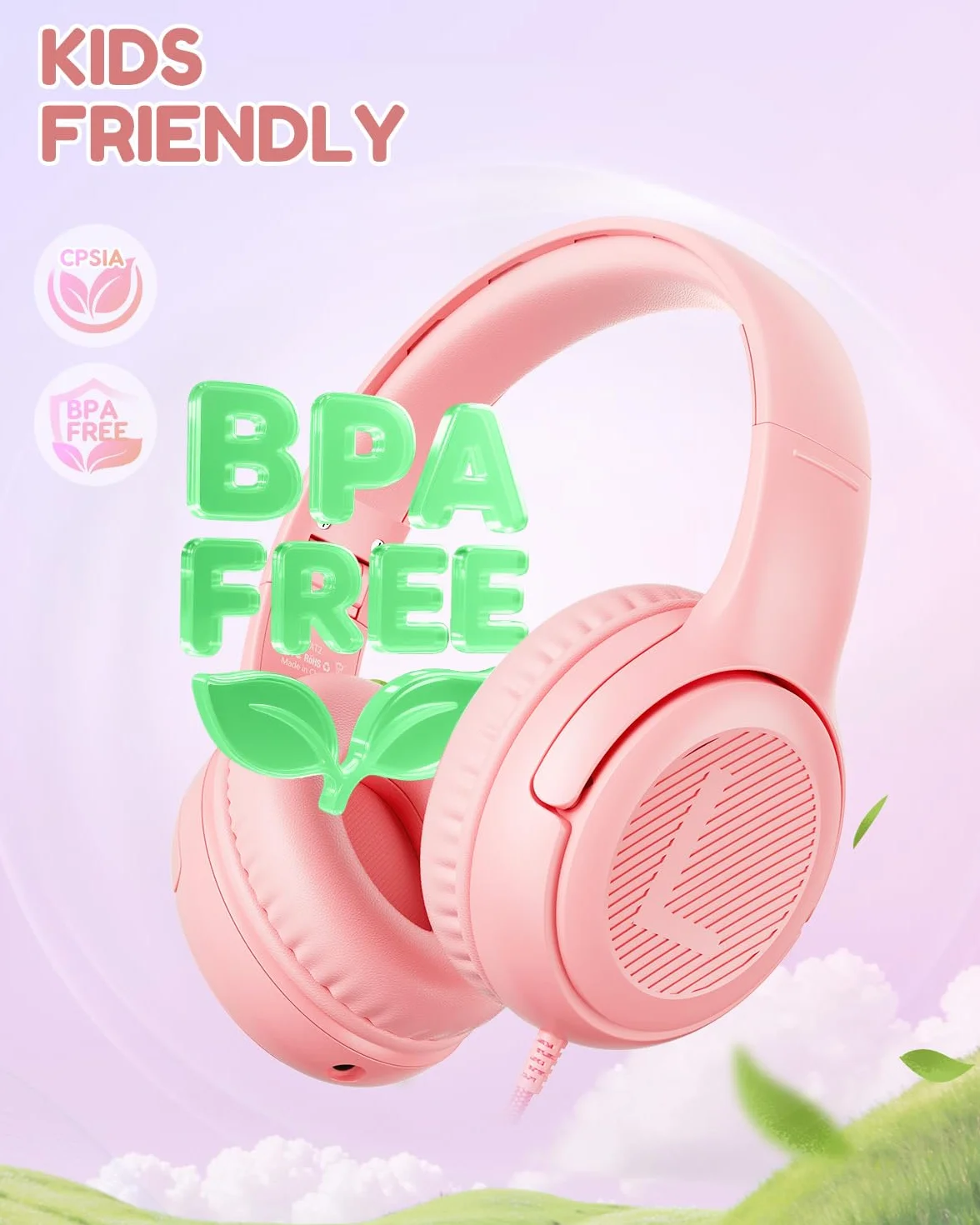 Cuffie per Bambini con Microfono, Limitazione Volume 85/94 dB, Jack 3,5 mm, Design Pieghevole, On-ear (Rosa)