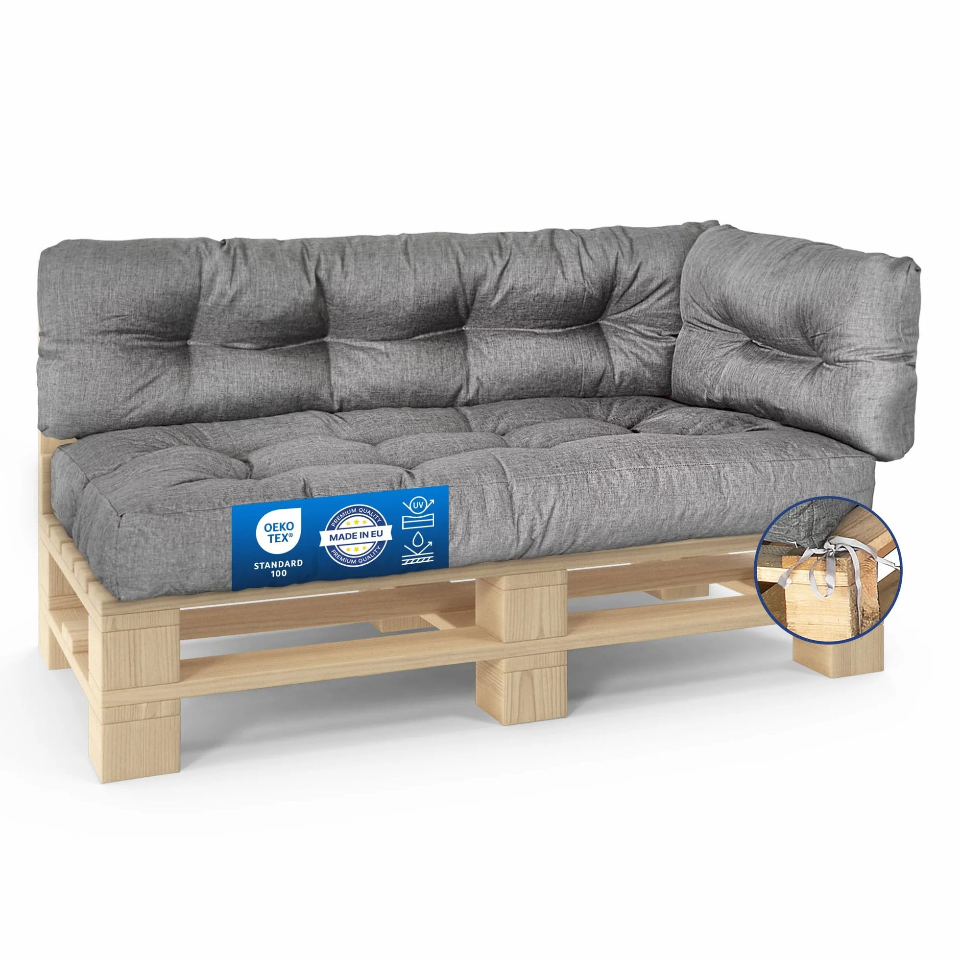 MKS Cuscino pallet Set di 3 impermeabile 120x80 120x40 60x40 cm con cinghie