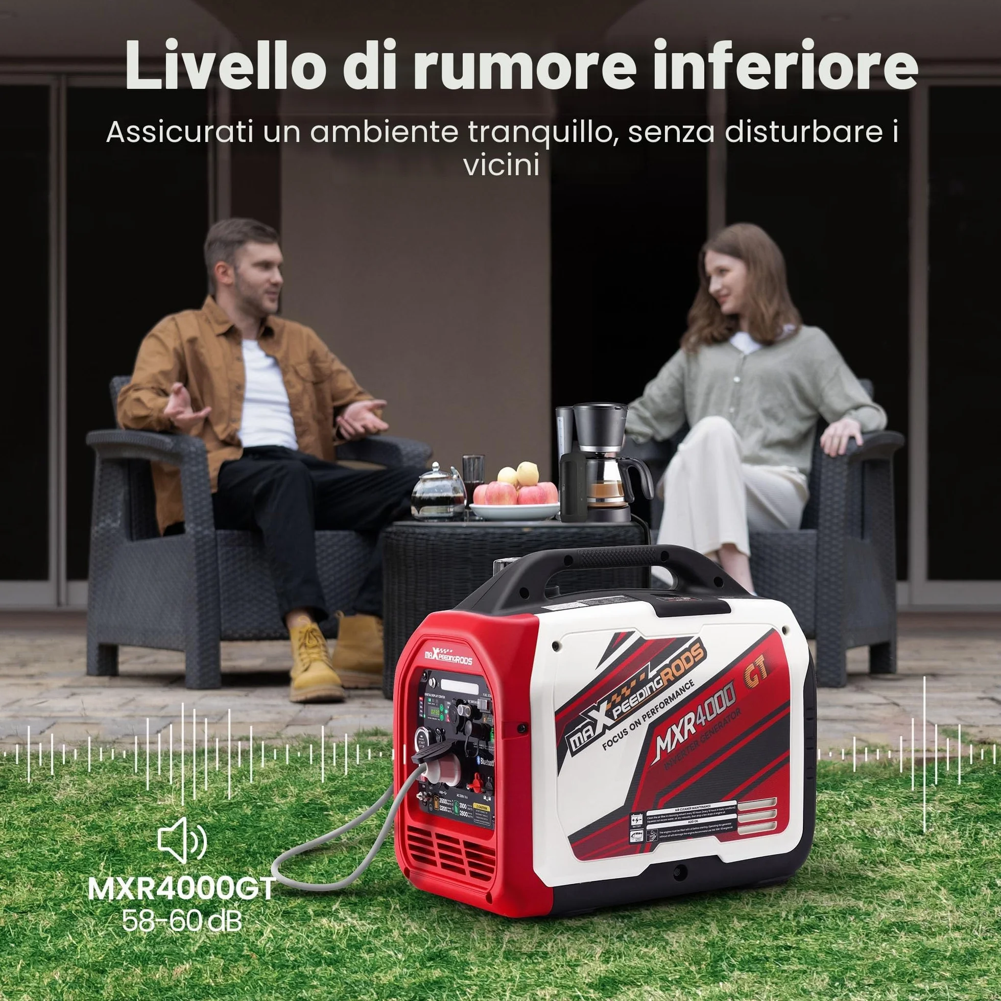 maXpeedingrods Generatore di Corrente Silenziato GPL e Benzina 3500W Inverter con App Bluetooth® Telecomando Portatile 4 Tempi Generatore Emergenza per all'Aperto Campeggio Partito Cantiere Garage