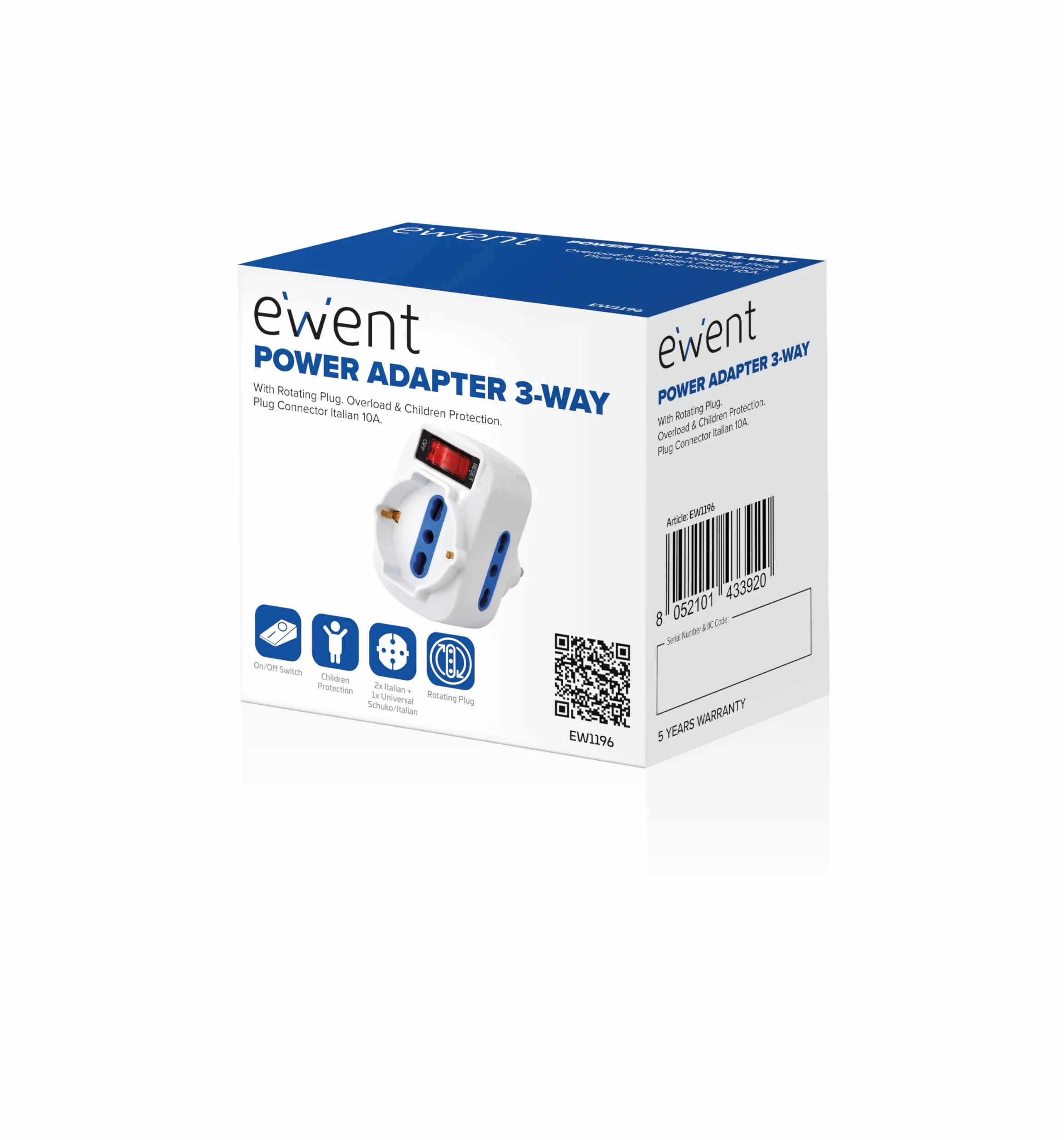 Ewent Adattatore Multipresa Tripla 1500W 10A Spina Rotante 90° Bianco