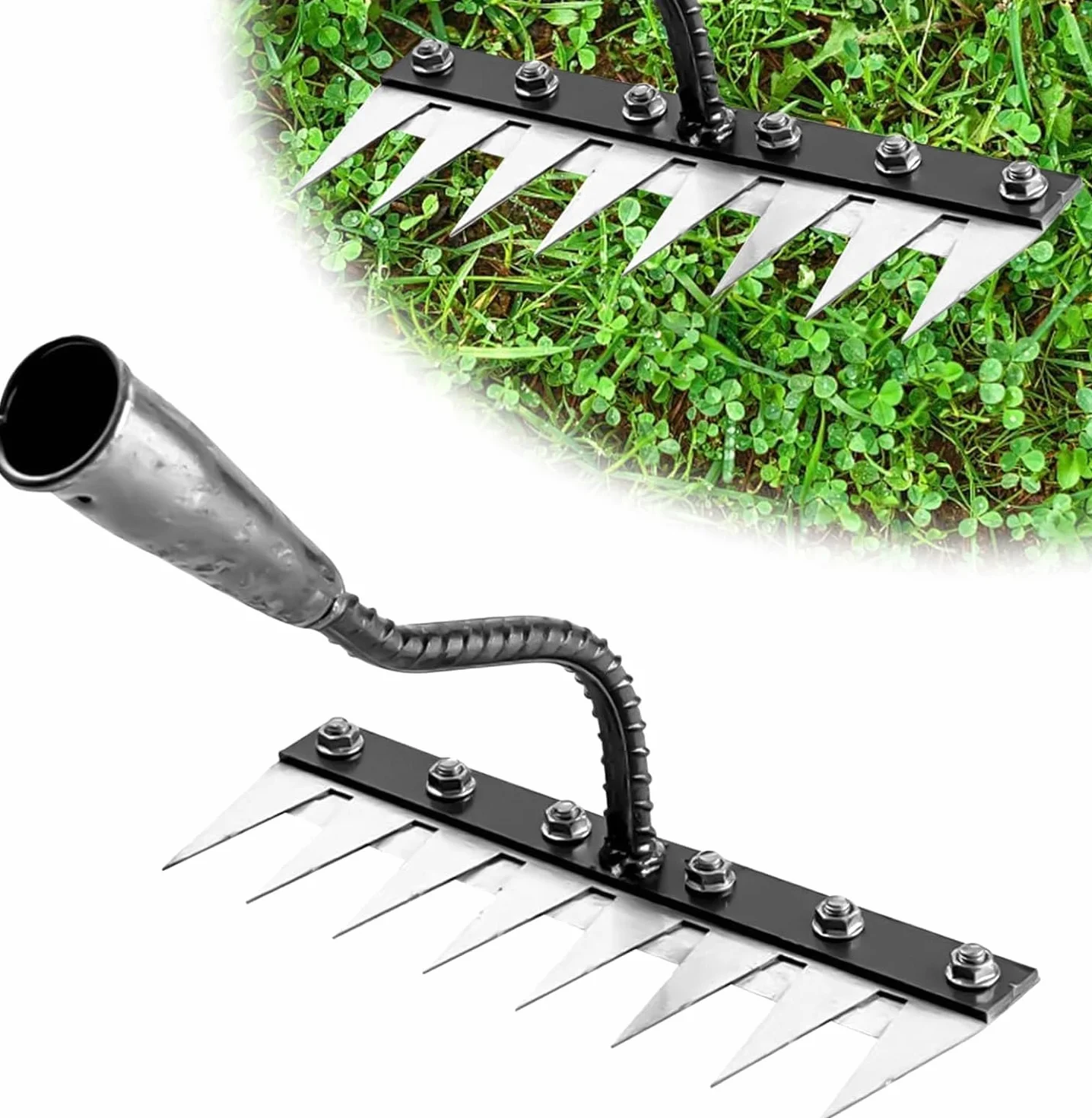 Rastrello per Erbacce Manuale, Sarchiatore con Punte Affilate in Acciaio, Estirpatore Erbacce per Orto e Giardino, Zappa Diserbante per Smuovere e Pulire il Terreno, 5/6/7/8 Denti