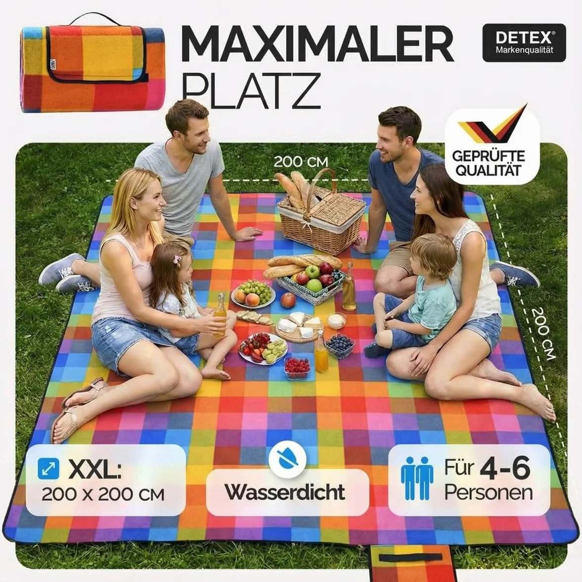 Detex Coperta da Picnic XL 200x200 Impermeabile Isolante 4-6 Persone